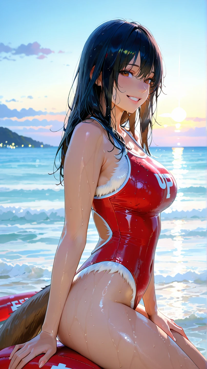 1个Huge girl, masterpiece, best quality best, high quality,Beach,white slingshot swimsuit, cameltoe, Smiling, chest spread left and right, get up ,ponytail 