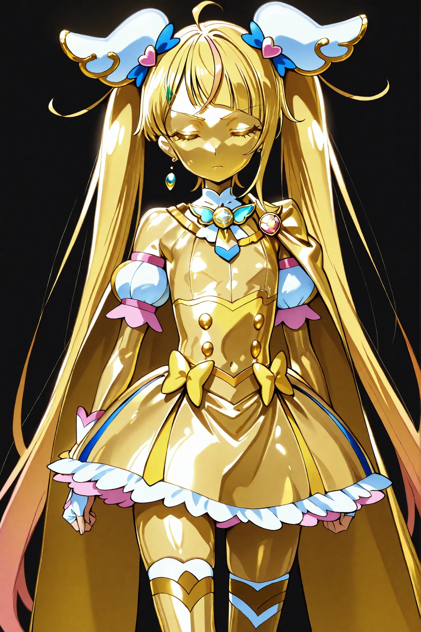 Cure Sky, masterpiece, best quality, Newest, very high resolution, closed eyes, yellow hair, yellow sclera, closed mouth, No students, Yellow skin, glossy skin, metal skin, Black eyebrows, Slanted eyebrows, 1girl, solo, Cowboy Shot, standing, dynamic on the background, watching viewers, sleeping, Serious Expression, black background, Hands on Her Hips, Gold_butterfly hair ornament, Long Hair, Gold_Knee Socks, 太ももまで長いKnee Socks, Magical Girl, Gold_skirt, under skirt, hair ornament, Gold_gem, Gold_gloves, Gold_Twin Tails, Gold_ribbon, golden hair ornament, Gold_cloak, metallic outfit, Everything you wear on your body is gold