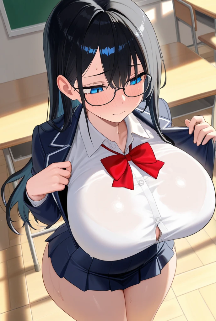 highest quality,wonderful,finely,extremely detailed CG Unity 8K wallpaper, (1 girl,black hair, glasses, blue eyes,twin tails), (huge breasts, erect nipples:1.2),(grabbing another’s breast:1.4), (Light blue striped micro bikini:1.1) ,(black stockings),(Thighs),(constriction)