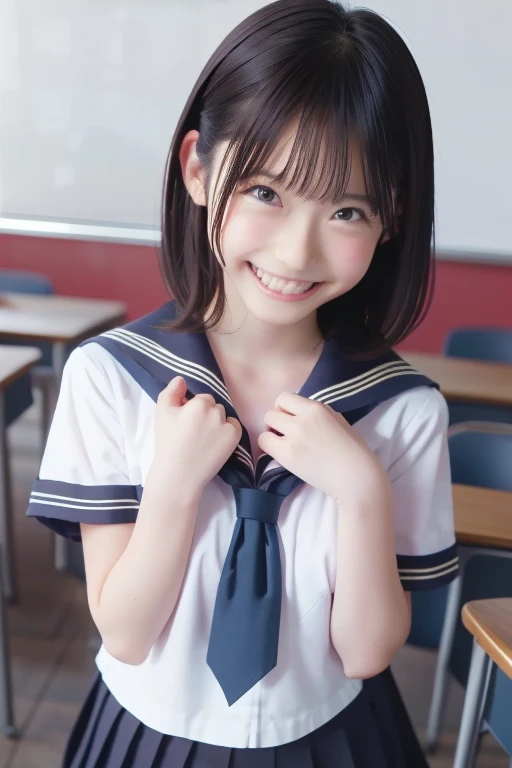 (((masterpiece))), (((Close-up on the face))),(one beautiful japanese girl, innocence,cute) ,ultra high resolution, Reality, Super detailed, 8K,highest quality, Extremely detailed, blurry background,slender,small breasts,(very beautiful japanese girl, detailed face:1.3), ((bob hair,hair band,shiny hair,black hair :1.4)), (baby face,cute系,adorable 10 year old girl,he is short), (perfect body:1.1),(cuteセーラー服、short sleeve sailor suit,navy blue pleated mini skirt),((sit on a chair in a school classroom))),Beautiful smile,rosy cheeks,super detailed face、detailed lips、detailed eyes、small gravure idol,transparent skin、Shining beautiful skin,lolita,no makeup,Japanese high school uniform with school emblem on the chest,(Super high resolution),(perfect limbs、perfect ???????),Colors and landscapes of youth、premonition of love,The morning light is shining through the window,expressive eyes,Bright colors, soft lighting, digital illustration