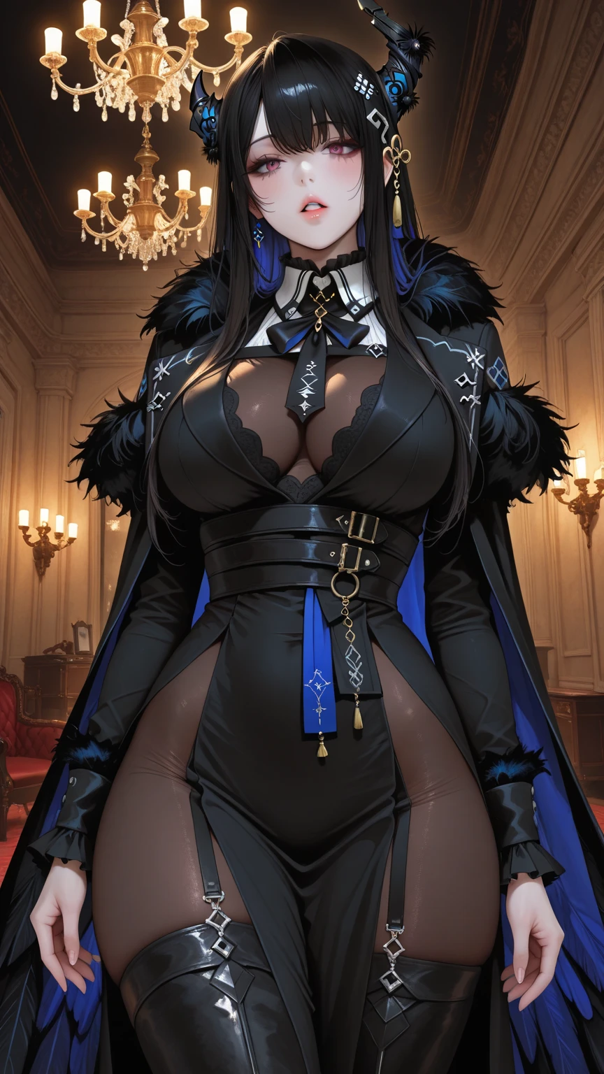 girl，big breasts，black stockings，woman without shoes，white hair，，High heel，hold your chest