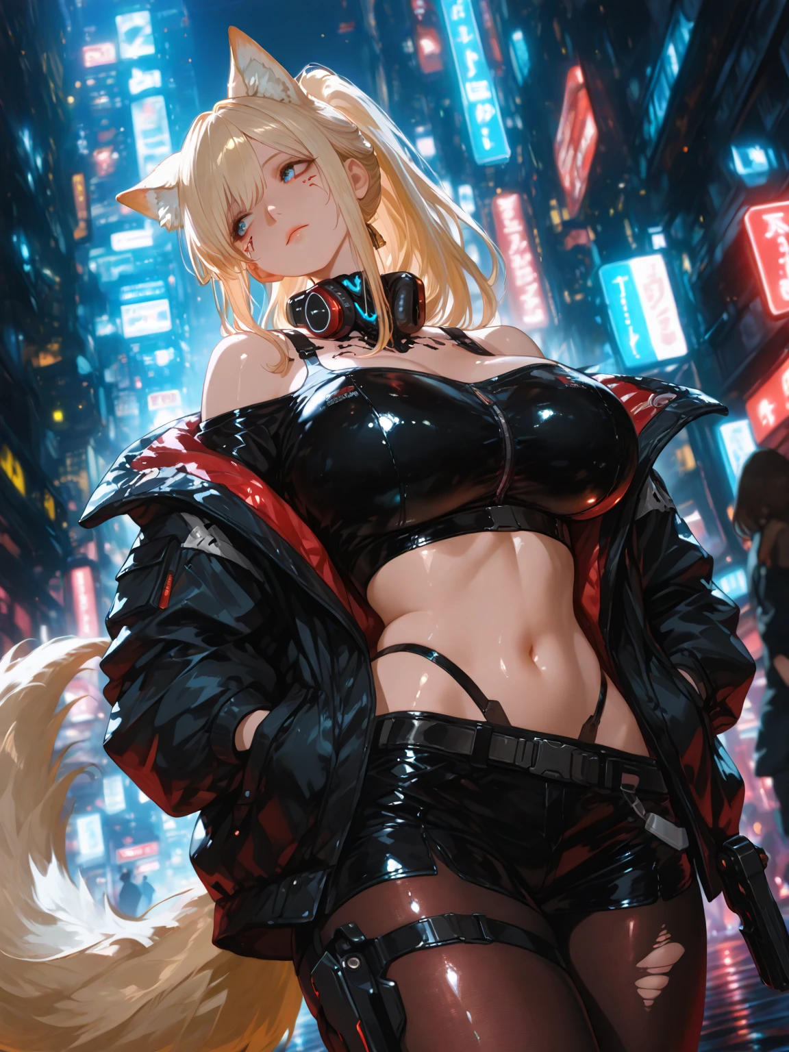 ((highest quality)), ((masterpiece)), (be familiar with), (High definition), 8K, (Accurate), (Realistic), Perfect Face, Cinematic, Best Shadow, (Complex:1.4), 2人のCat ear金髪女性, tall, Cat ear, Blonde Long Hair, Voluminous hair set, Big cleavage, Narrow waist, Big Ass, glamorous, Alluring, Bikini Protector、tactical suit、Combat Boots、Armament、Decadent future world, NEO TOKYO, Two people sitting on top of a large tank and drinking alcohol, (smile), Cherry Blossom Viewing, Cherry tree
