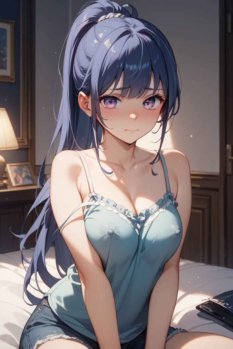 bronya,((blue hair, side braid )), beautiful face,smiling, fit body, moderate breast,sitting on a bed,wearing white pajamas,illustration,detailed textures,ultra-detailed(realistic),portrait style,vivid colors,soft lighting, black bras , half body