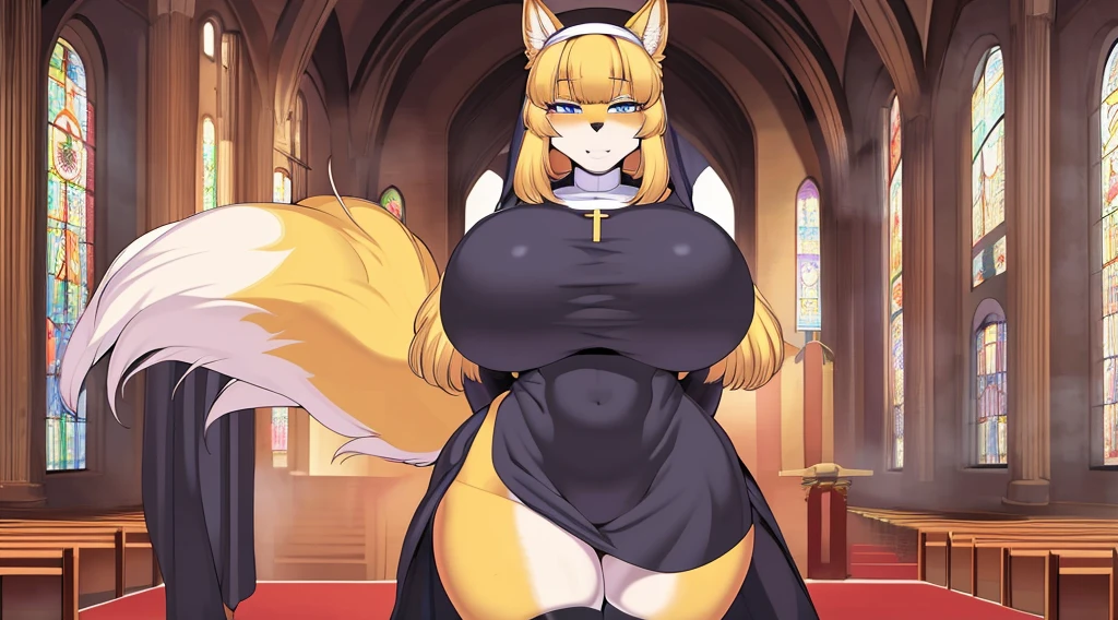 by cervina7, cervina7, (large breasts) (wide hips) furry, anthro, fox, canine, church, yellow fur, yellow hair, blue eyes, cropped bangs, yellow cropped bangs, nun dress, thigh highs, hair, bangs, high heels, solo, church, smirk, best quality, illustration