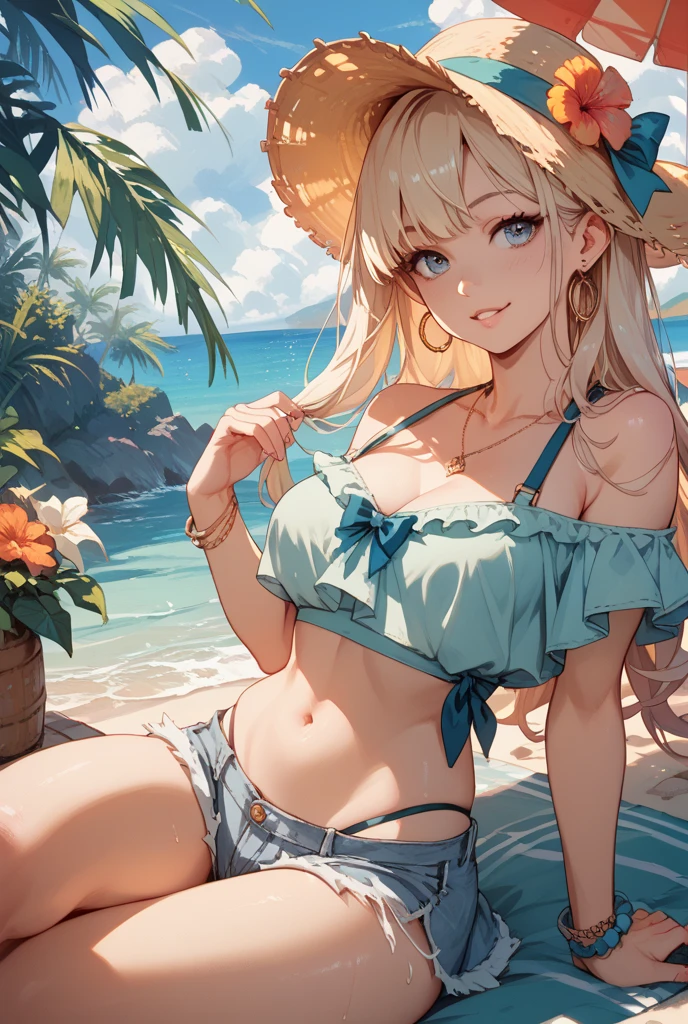 最high quality、best image quality、masterpiece、teenage girl((18-year-old、 By becoming、vest bust、medium bust,wide open breast tea、black eye, blonde hair、Habitual hair、long hair、thin,highest valley、blue shorts、Holding a spray can、smug face、peace sign、paint marks、black aloha shirt、squat、open your legs)),high quality、beautiful art、background((Hawaii、Waikiki、Palm tree))debris flies、Depth of written boundary、movie、visual art、perfect art、8K,genuine