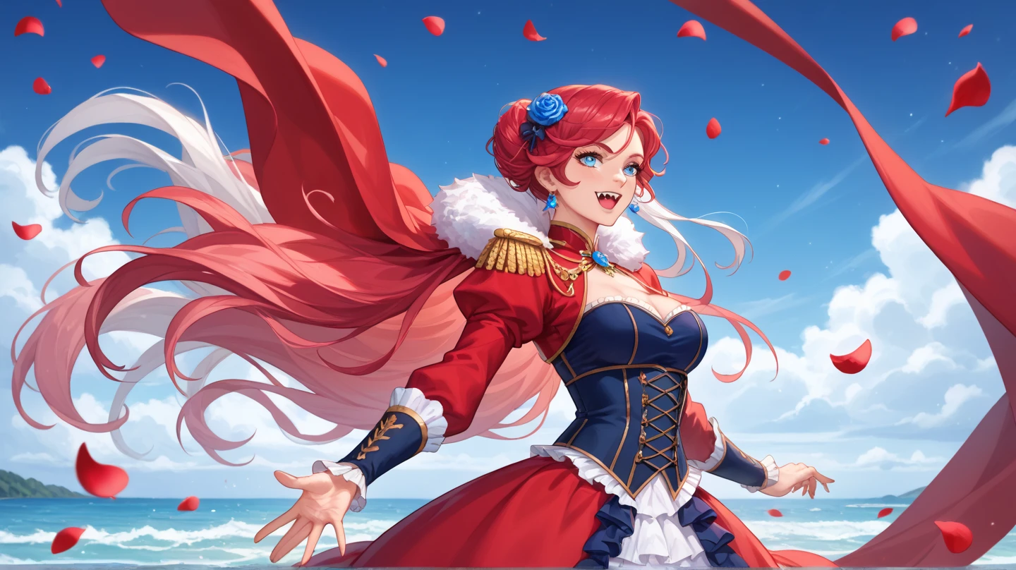 a stylized art of a woman in a pretty dress with red hair, 1girl, solo, jewelry, earrings, blue eyes, looking at viewer, mole, black background, red hair
