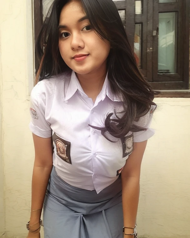 realistic, extremely detailed, 8k, trending on ArtStation, Intricate, High Detail, Sharp focus, cute high school girl, beautiful, standing, indohighschool uniform, black wavy hair, school hallway, cute, photorealistic, full body, detailed, high quality, wearing white panties, bottomless, visible panties