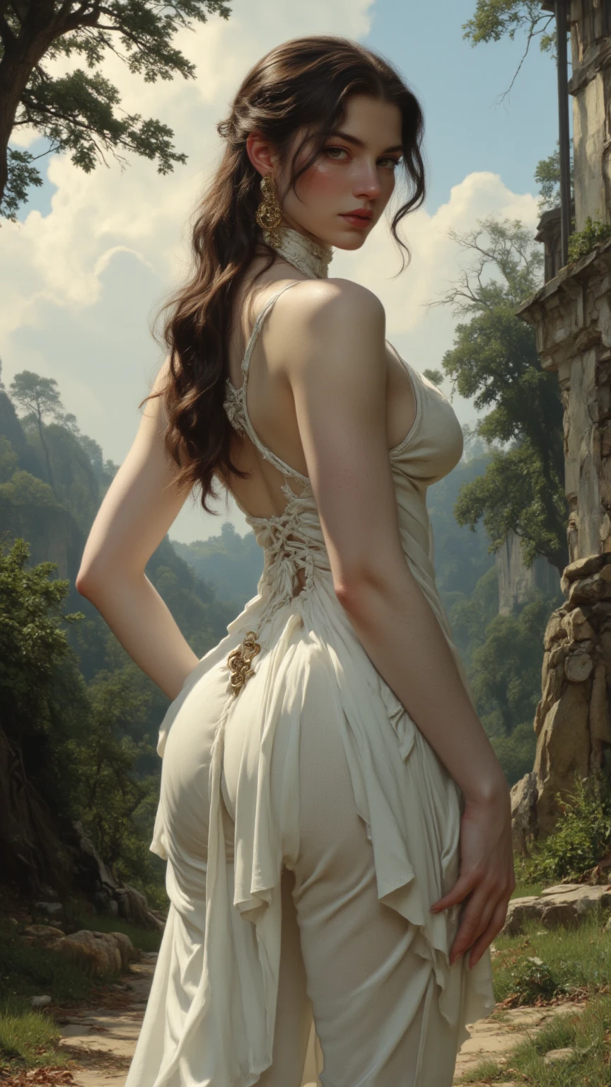 master piece, best quality, ((realistic)), 8K picture quality, extremely delicate and beautiful, ((1 person)), ((off shoulder pure white off lace dress )), Official art with attention to detail, Ridiculous, unbelievable Ridiculous, (Put the head in the frame), ultra-detail, (Pretty girl), ((Perfect female figure)), (smile), full of sweat, Brown hair, the morning sun rises, grassland, 14years old,  big and full breasts, slim waist, big ass,