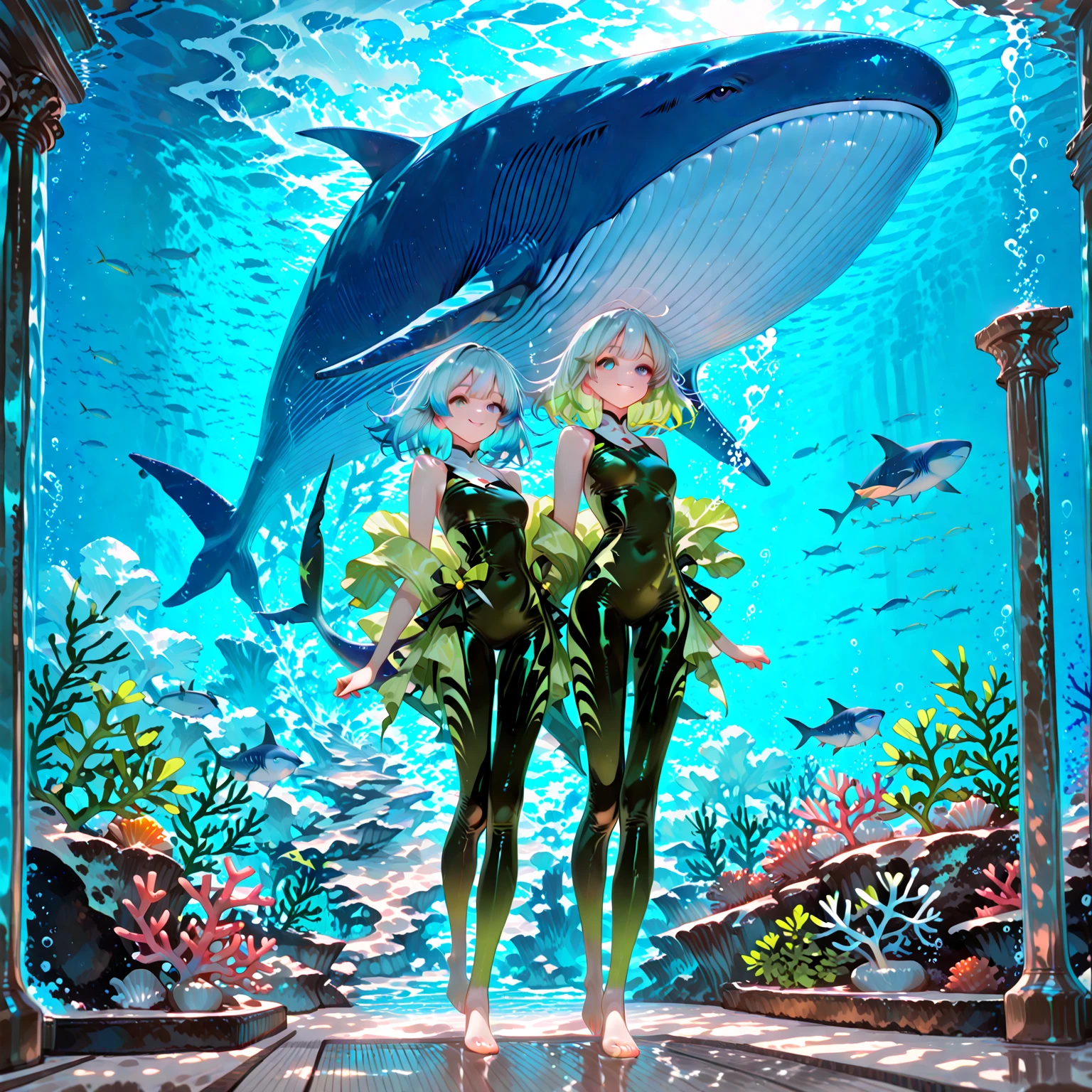 In the water、Men and women playing with turtles、cute、beautiful、Swimwear、Big Turtle、Large sea turtle、人よりBig Turtle、is swimming with turtles、Snorkeling、High-five with a turtle、Lots of coral、tropical fish、diving、スキューバdiving