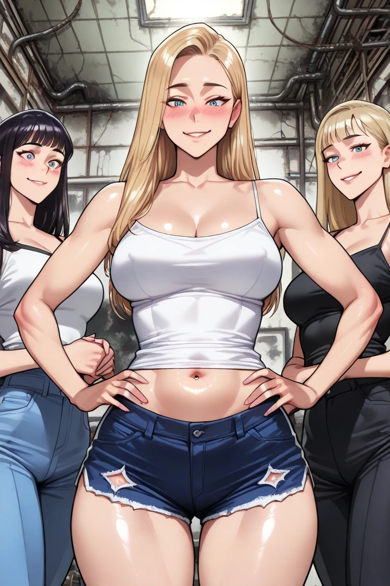 A beautiful blonde woman, tall, long hair, super high resolution, ecstatic face, black police hat, white tank top, navel visible, transparent clothes, torn denim shorts, sexy pose, crotch emphasis, spread legs, only one person in the room