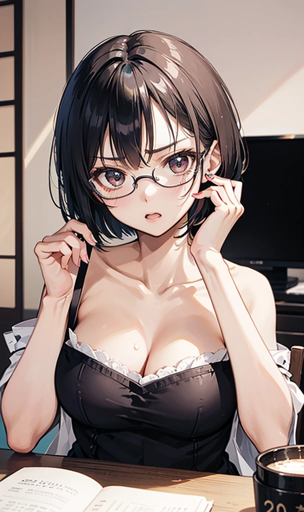 black short hair, red bayonetta glasses, office siren, teasing look, high quality, just the face, siren brown red eyes