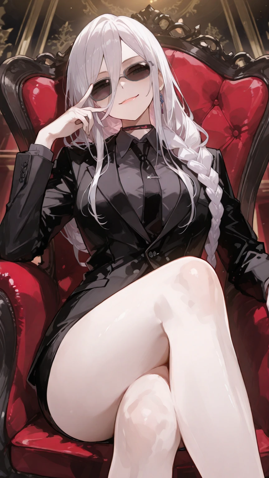 Chubby girl with big breasts, Long hair, the flag, semi transparent clothing, sitting in a leather chair