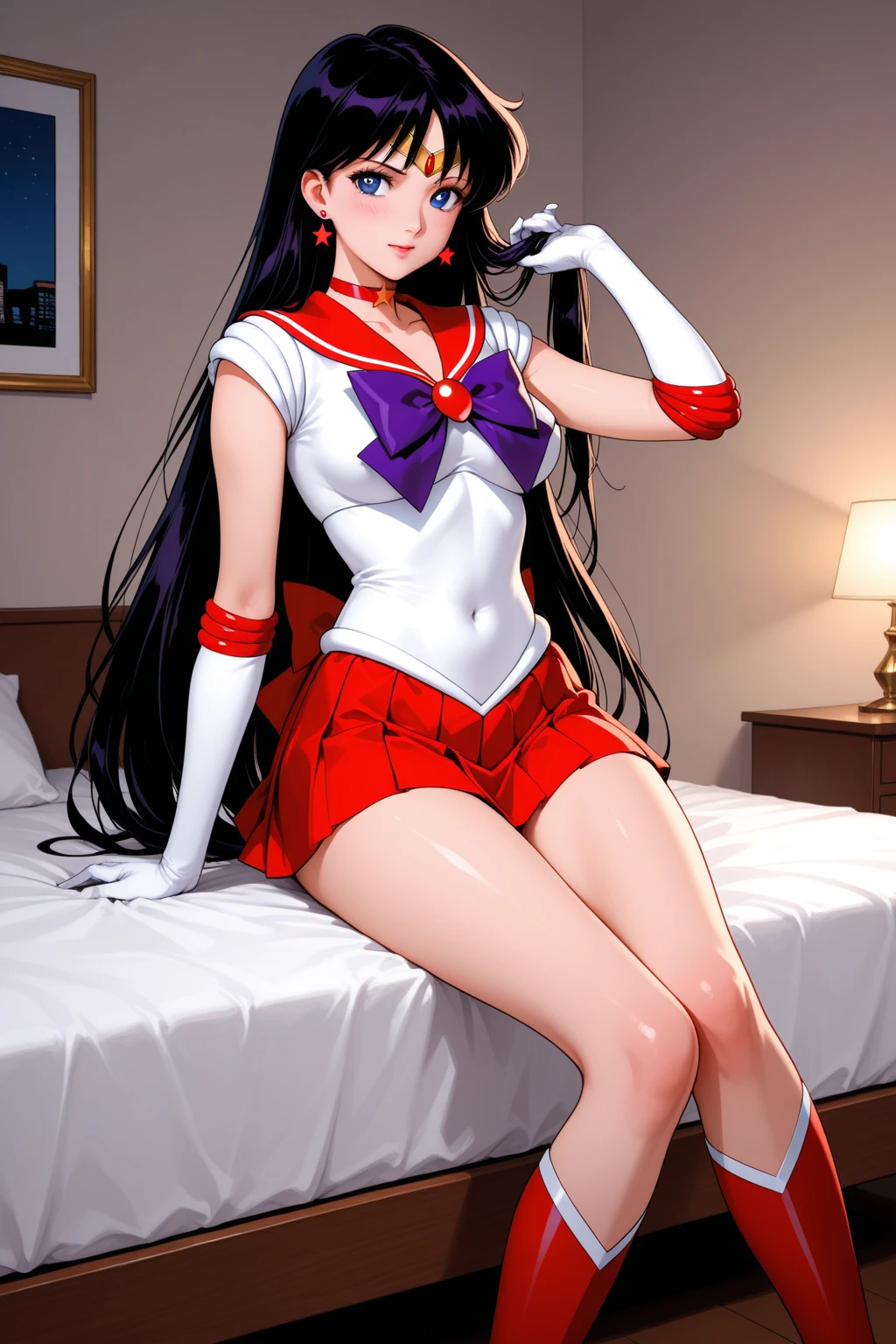 A black-haired, muscular mature woman dressed as Sailor Mars, wearing red high heels and white gloves in her room, flashing her panties with a shy look on her face.