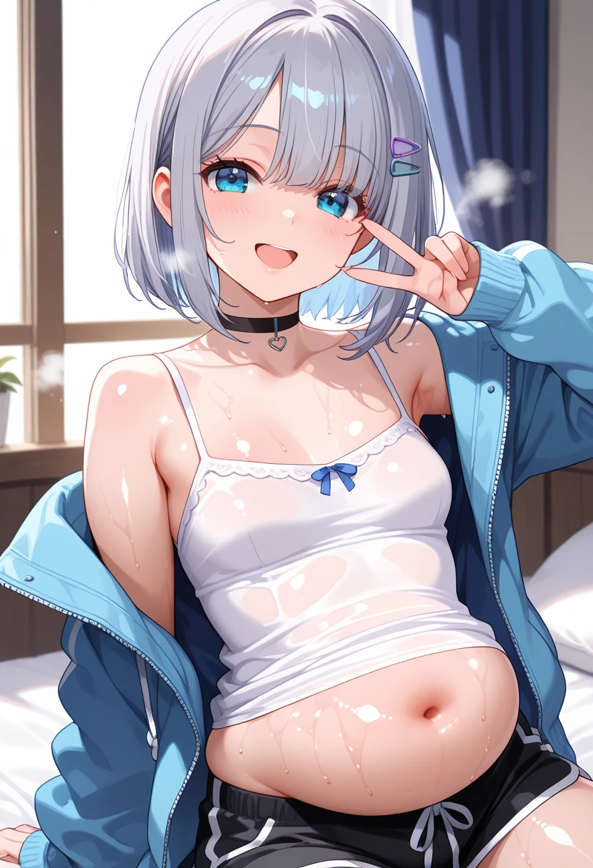 Character Details:, - Gender: 1 Girl. - Style: Anime, - Body Type: Attractive body, slim body, nice legs, slim tights, nice arms, nice shoulders. - Breast: (Small Breast:1.2), (Cleavage:1.3), (Nipple:1.1), (Slip Nipple:1.1), (Milk), (White Milk), (White Goo:1.1), (White Sticky Goo Over Body:1.1), (White Goo over Face:1.1), (Sticky Liquid on Breast:1.4),. - Facial Feature: Beautiful, Gorgeous, Teenager, Fresh, Young. - Expression: Shy, Pink Blush on Face, open mouth, Pink Tongue, Sexy Eyes, Sexy Look, (Sweating:1.4), Innocent Look, Tipsy. - Hairstyle: Blunt Bangs, Long Hair. - Hair Color: (White Hair:1.5), (Cute Short Hair:1.3), - Clothing: (Bath Robe Only:1.6) (Nude), (Off-Shoulder:1.3),. - Body Pose: (Wide Kneel:1.3),(bend over:1.4), (sexy spread:1.4),. - Behaviour: Waiting, Want Something, Secretly. - Accessories: Earrings, No Hair Accessories, Environmental Details:, - Setting: Bed Room., - Lighting: Natural Light., - Decoration: Modern Bed, Chair, Window, White Curtain, City View. Top view. pov, anime style, UHD, retina, masterpiece, accurate, anatomically correct, textured skin.