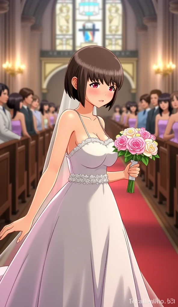 kase daiki.
woman, A petite woman with short, blonde hair in a bob cut and bangs stands in a church, dressed in a wedding dress and veil. She holds a bouquet, her thick eyebrows framing her red eyes. Looking at the viewer, she wears a happy, light smile with a slight blush, amidst her wedding ceremony.
 <lora:kase-daiki-2:1.1>