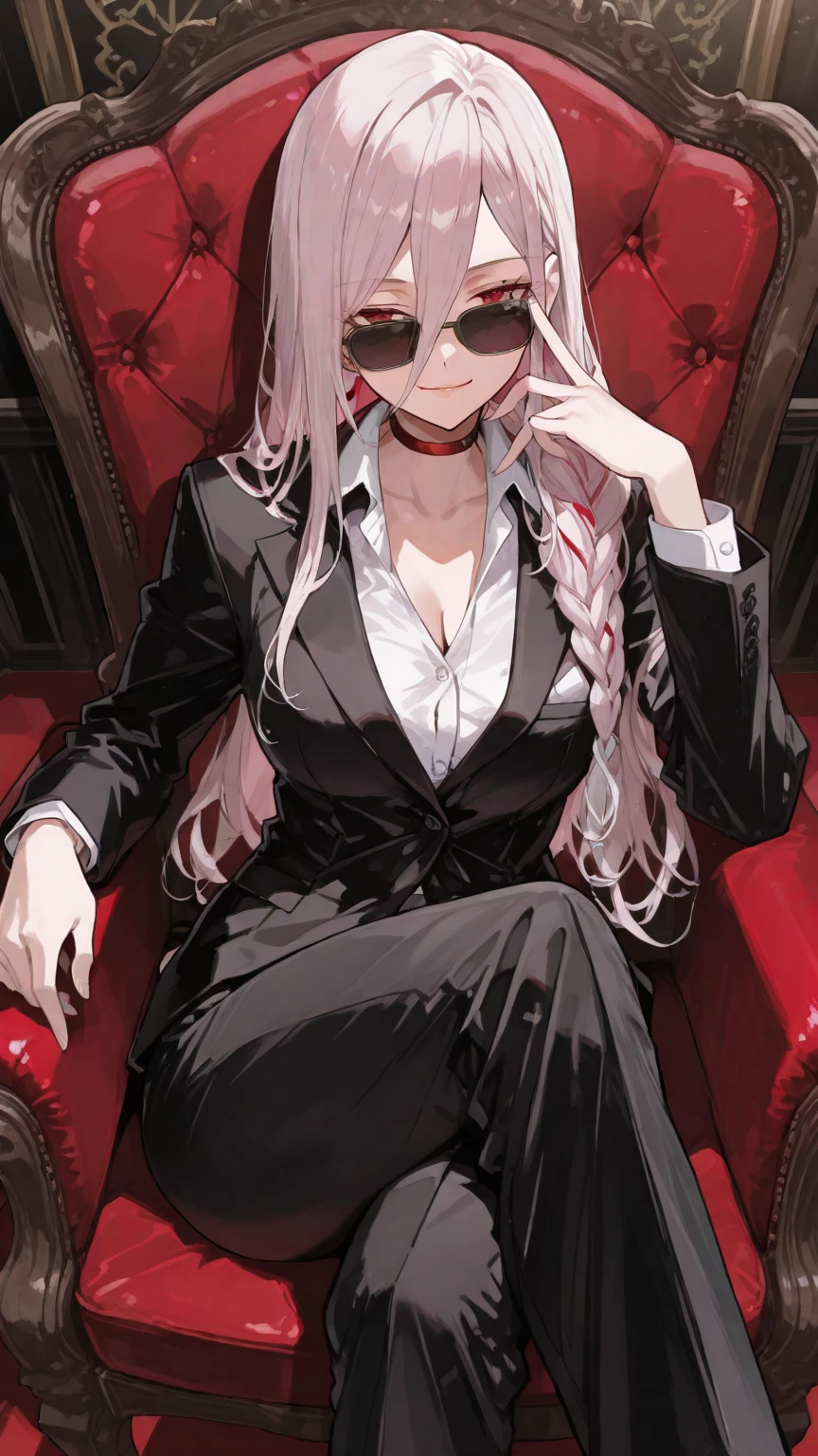 Anime a woman with long white hair albino eyes pale skin red lips wearing a black suit with a white tie thin face breasts more or less. sitting in a chair in her office with a cold look, holding a glass of wine