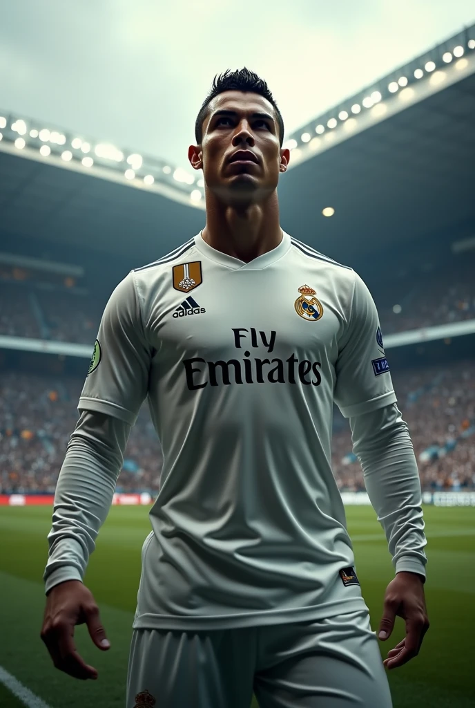 Photorealistic, 64K, A realistic christiano ronaldo [wearing real madrid soccer jersey number 7 ], standing up celebrating his goal