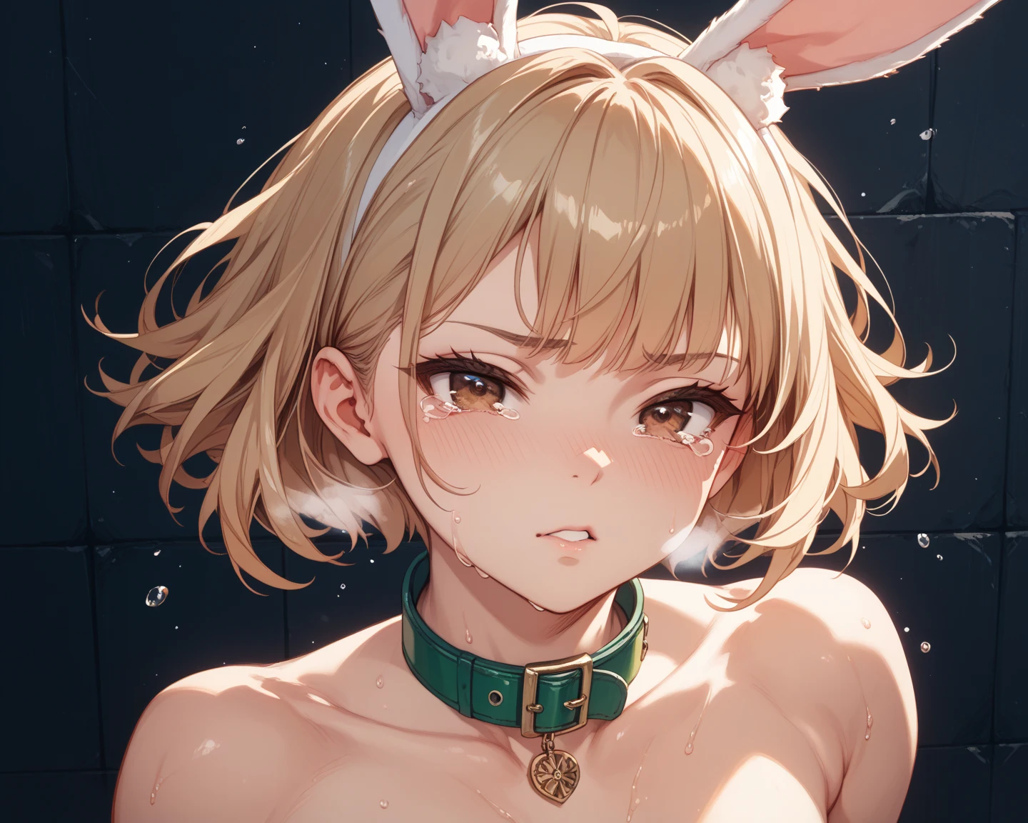 night street,Anime nose, anime eyes,small breasts,(masterpiece, highest quality:1.2), (masterpiece, highest quality:1.2),figure,8K,HDultra detailed skin, best nipples, upper body,angry, NSFW,{{{naked}}}, {{{white chocolate on naked body}}, yellow eyes, topless, best natural nipples, look away,anger, From before,,,1 girl,alone,Upper body,(portrait:1.2),