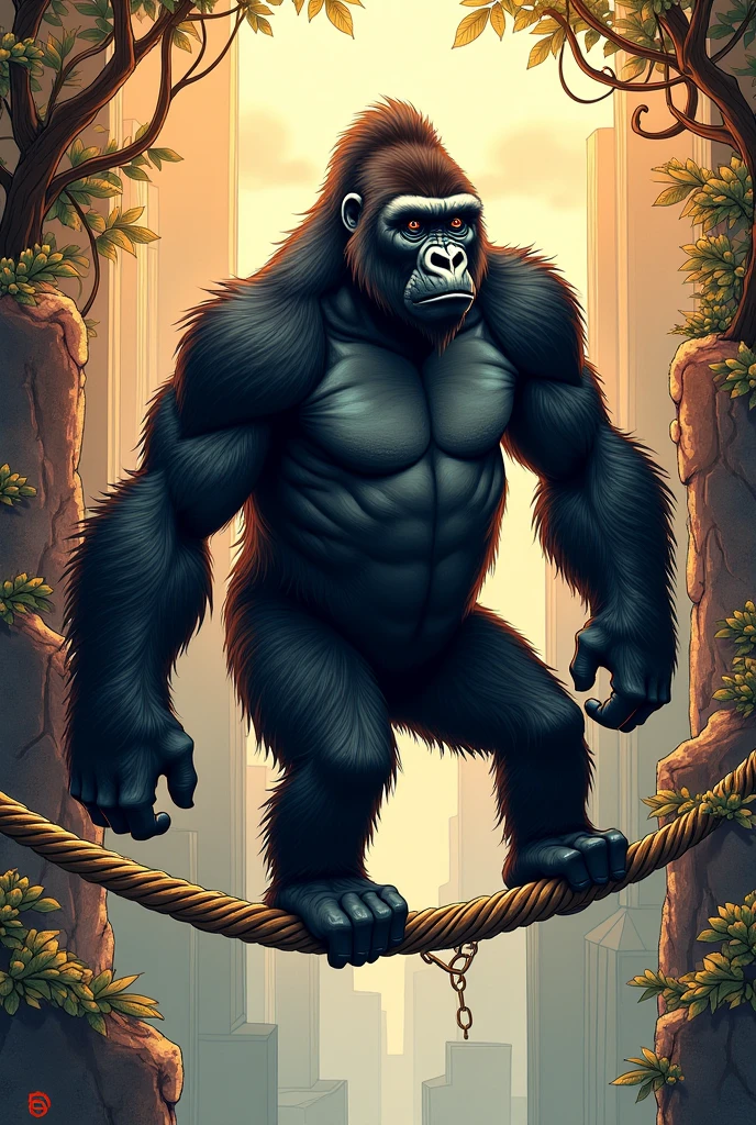 A gorilla wearing sportswear exercising in a jungle gym, Lots of foliage and trees surrounding it, detail , cinematic, Tim Burton style