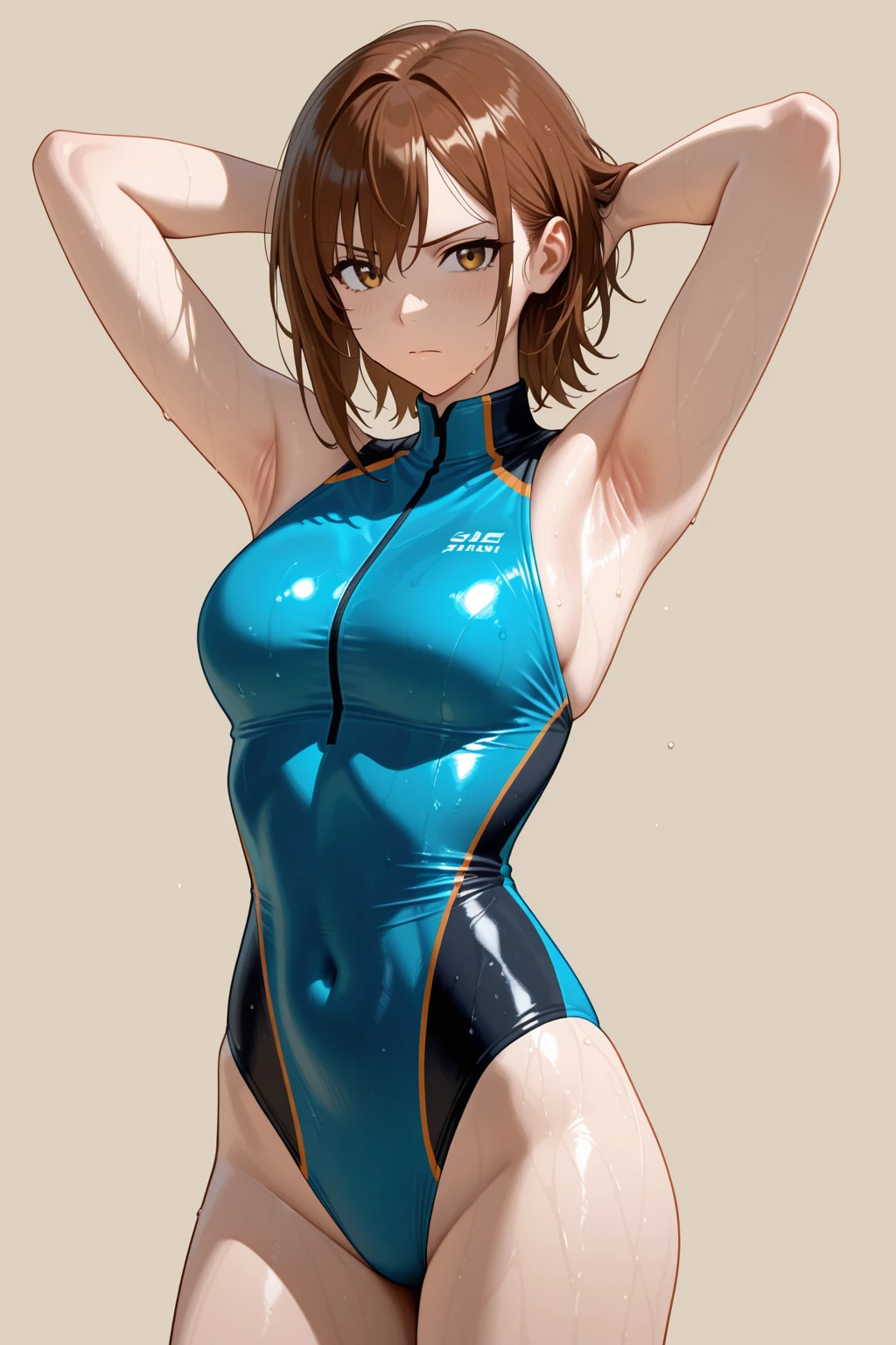 masterpiece, best quality, misaka_mikoto, brown eyes, looking at viewer, gym background, solo, small breast, upper body, , smile, close_mouth, ((standing)), lens flare abuse, thicc, onegirl, 1girl, nice ass, sexy pose, one girl, camel toe, sport suit, body suit, nice ass, condom, leotard, wet, pantyhose, leotard suit
