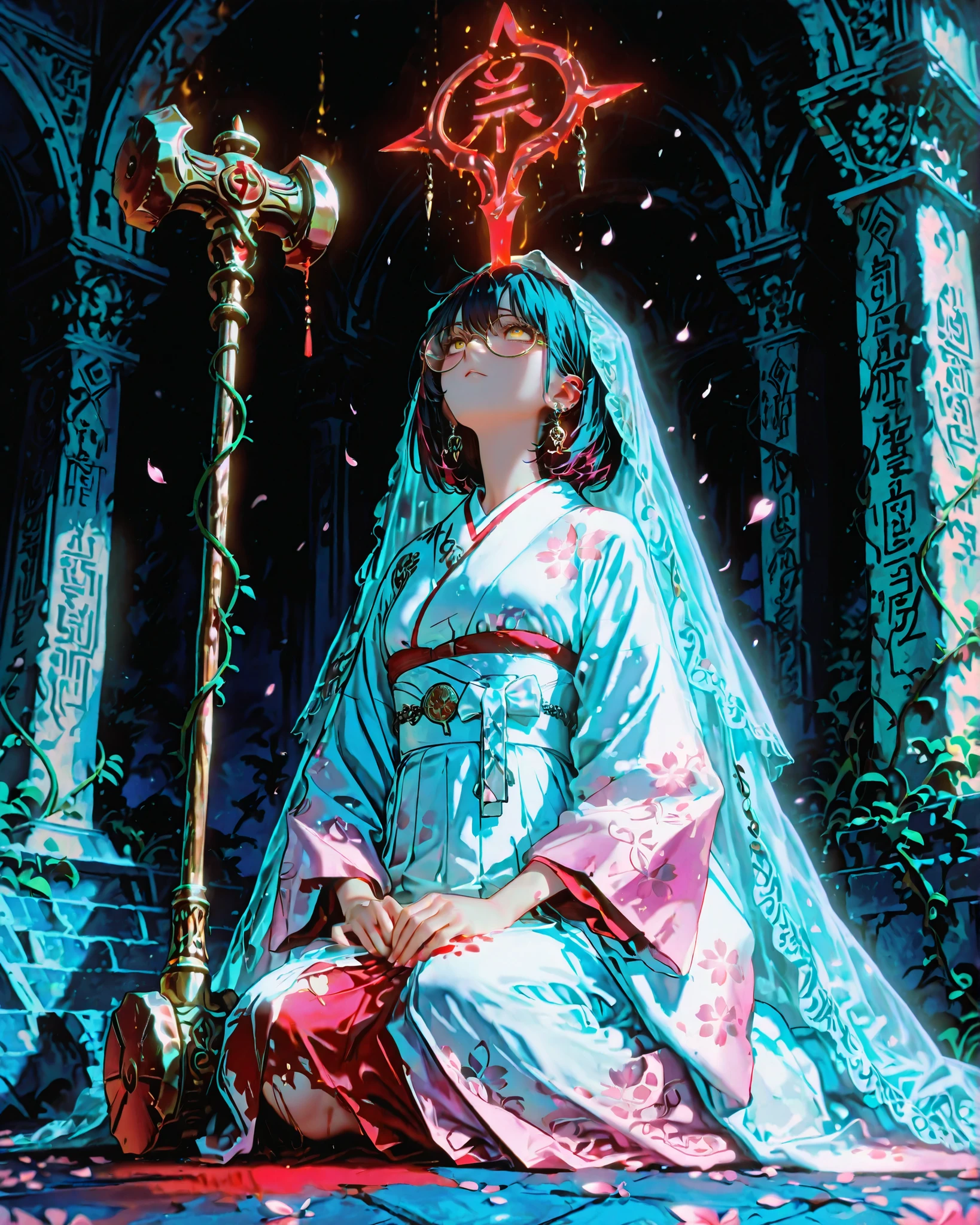 low angle, (masterpiece, detailed image, 4k, vivid color), {1woman}:(a delicate young woman with short black hair and piercing yellow eyes, wearing round glasses, she wears a distorted white shiromuku wedding kimono, partially torn and stained with red paint on the sleeves and hem, as if trying to be removed, but still clinging to her, her long veil is tattered, burnt at the edges, and fluttering behind her, her waist is wrapped in loose silver chains, cherry blossom petals, some wilted, cling to her sleeves and the folds of her skirt, in her hands, she holds a massive:1.12 ceremonial war hammer, its head carved with ancient kanji runes, the hammer is cracked and pulsing with a red-gold light, her expression is timid, looking up at the ground, but hides a deep anger), the background is the surreal ruins of a temple taken over by vines and forgotten altars, evoking a dream world of lost rites and broken vows, the atmosphere is charged with emotional tension, the soft lighting highlights the contrast between her fragile appearance and the overwhelming presence of the weapon, ethereal, anime style, soft shading, dramatic composition, high level of detail, in a surreal and dreamlike environment