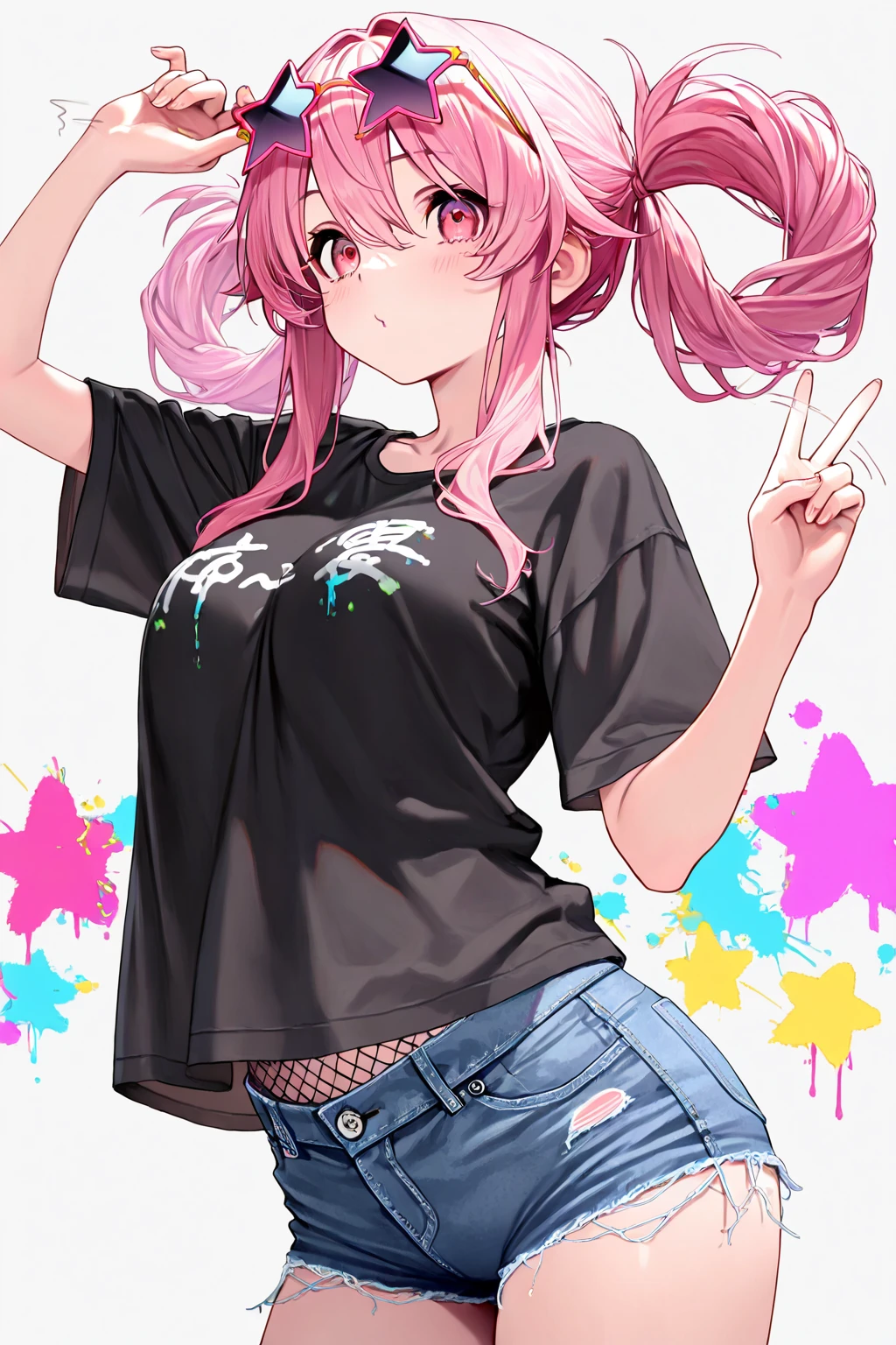 1girl, pink hair、voluminous round and complicated hairstyle、Button-out black t-shirt、pink string mesh inside the t-shirt、denim shorts、Put star-shaped glasses on your head、peace sign on the head、H cup flickering、simple background、colorful paint background、masterpiece, best quality, amazing quality,