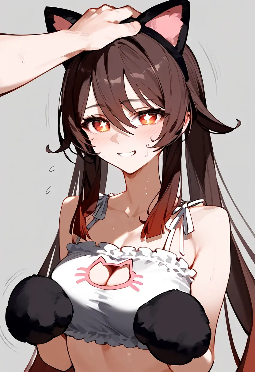anime artwork, score_9, score_8_up, score_7_up, score_6_up, score_5_up, score_4_up, hu tao, she is 24 years old, style_3, gray background, , , , , _, fake cat ears,, smile,  solo, cat lingerie, paw gloves, disembodied hand on her head, headpat, nervous sweating , motion lines