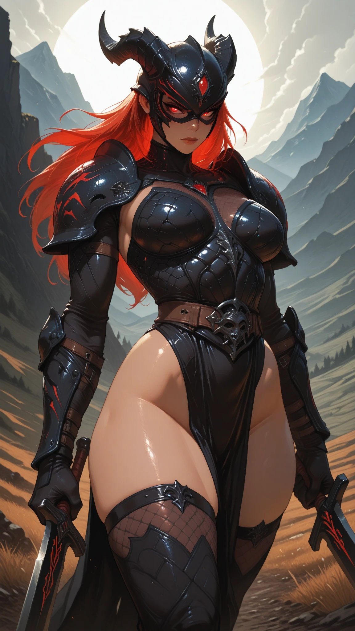 ((from below:1.2),(looking at viewer:1.8)),(1girl,(curvy:1.2),petite,beautiful breasts,(large breasts:1.5),pale skin,pointy breasts,(erect nipples),sweat),((clothed:1.5),leather boots,leather gauntlet,(carbon armor:1.5),(red embroidered white rash guard:1.5),(long silk sarong:1.5))),(((realistic),high resolution,best quality,masterpiece)),((extra long hair:1.5),hair blowing in the wind,blunt bangs,(extra light coppery red hair),hair over one eye),get down on one knee,(leaning forward),Brave stance,(water,(meadow:1.2))