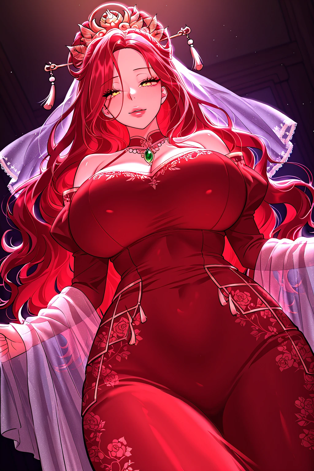 nsfw, (8k, best quality, masterpiece)(sensual), (Extremely beautiful), (erotic),(((bimbo))), succubus, naughty Succubus,diva, (slut), pouty lips, lipstick, red scarlet hair, messy hair, mascara, golden eyes, (large massive breast),bare shoulders, corpped dress, slutty outfit, succubus tail and wings,curvy demon horns, naughty look, beautiful face, night, night fantasy city, brothel, palace in back, dynamic light.