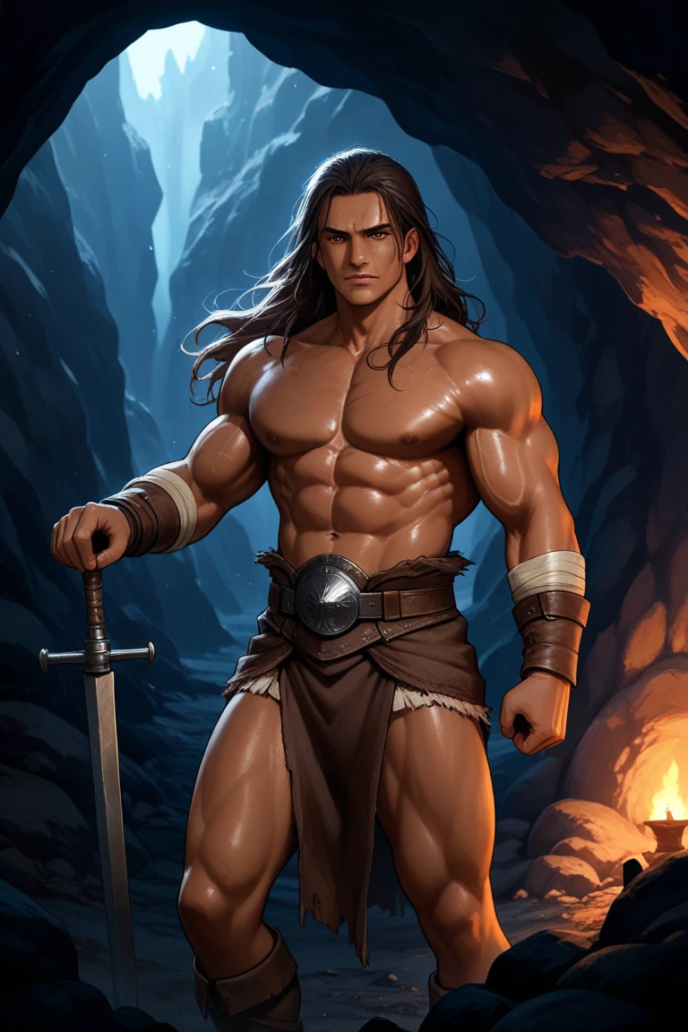 (1man, Conan the Barbarian, Fantasy Style), (extremely detailed CG unit 8k wallpaper),(master part), (best quality), (ultra detail), (best illustration),(melhor ombre), cowboy shot, (Sharp eyeliner, ombre, detailed eyes:1), middle earth, outdoors background,break , (ghibli style), upper body,
