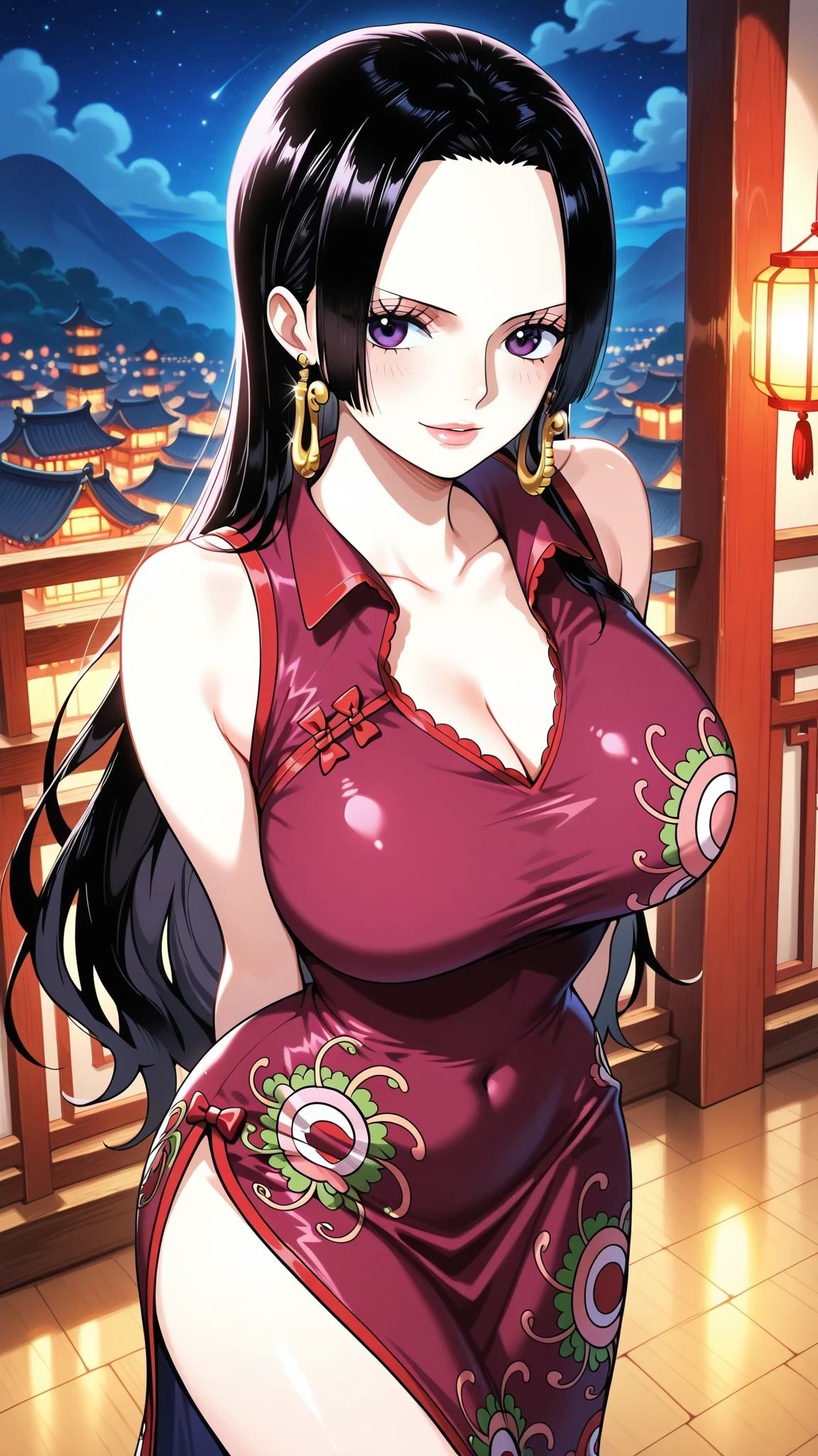a beautiful woman,Standard red silk cheongsam,black hair,Large Breasts,Sexy,Slim body,Holding a Chinese long sword,long sword waving, (gold embroidery thread), (Such),cleavage, City,Outdoor Chinese restaurant,Open your mouth and smile