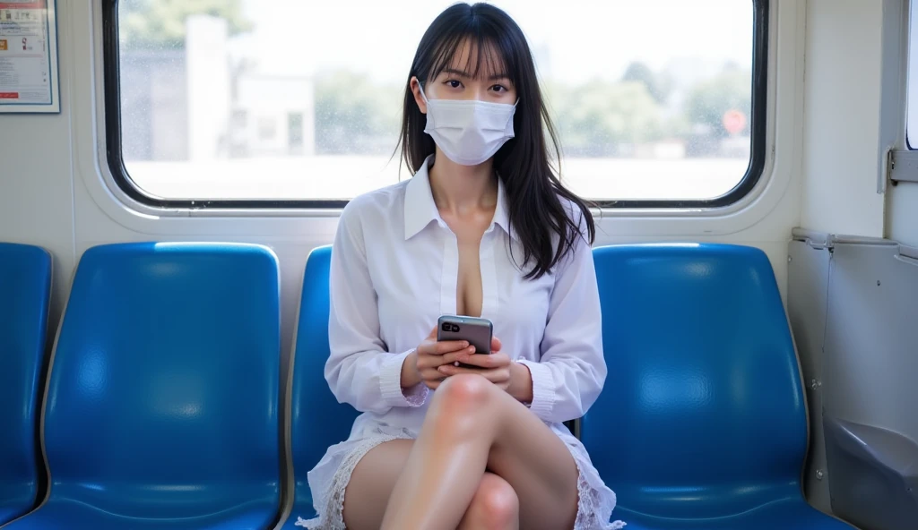 field Japanese women Black Mask Selfie Photo Sitting on a bench in a deserted park at night Her legs are open and facing me Wearing red sandals He is holding an iced coffee in his left hand. dim Light dress Her chest is exposed