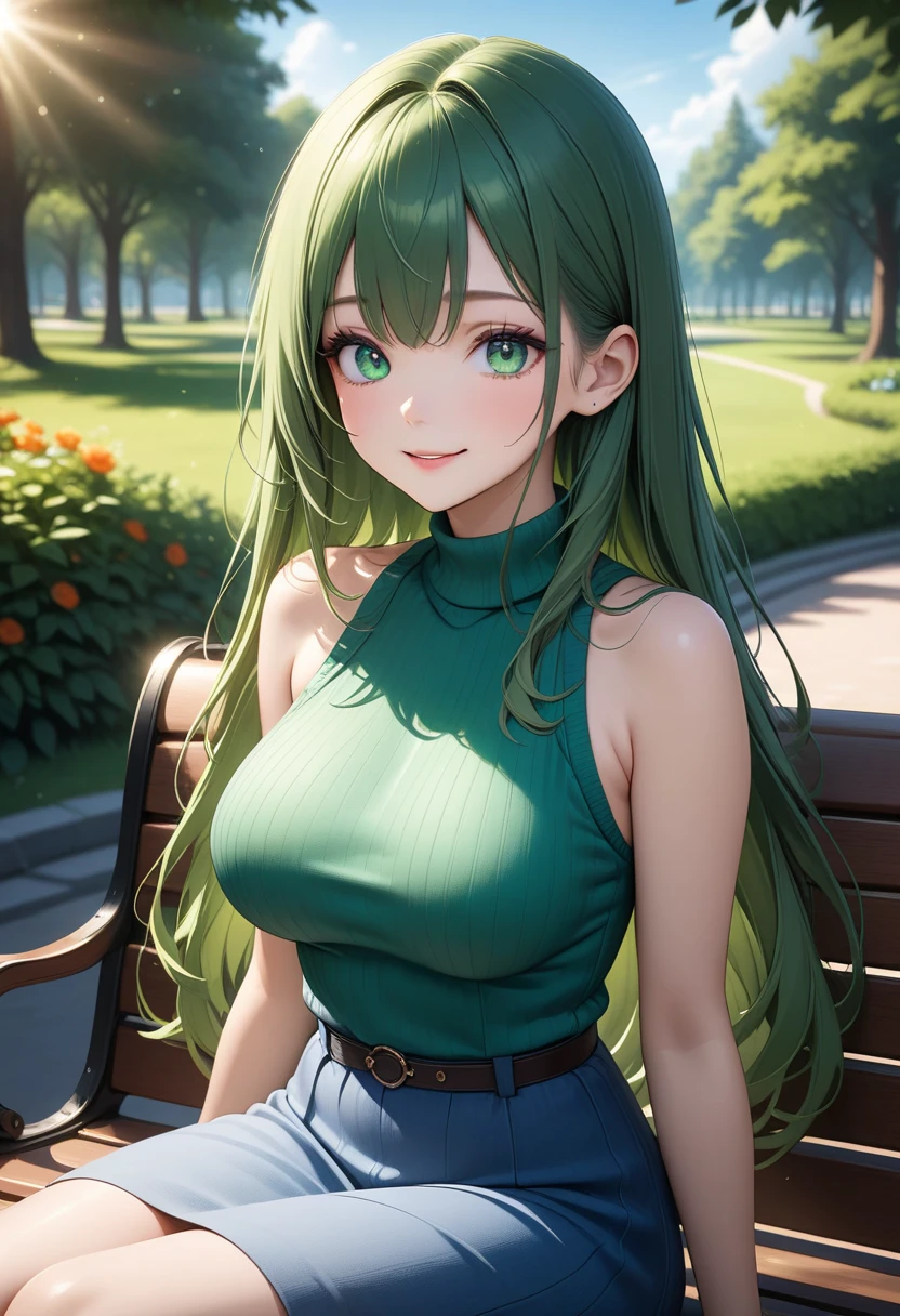 Uma garota de dezesesseis anos que tem os cabelos curtos e verdes. Seus olhos verdes como jade. Her skin is brown. Seu rosto alegre tem um largo sorriso. This girl is a fighter amidst the white sands of the desert. The girl wears clothes typical of the desert. The girl is a human.