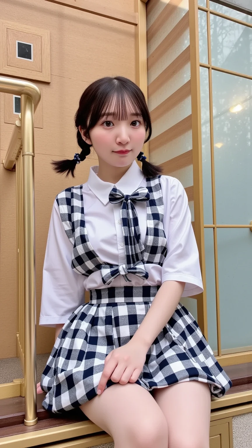 　(((Japanese)))(10-year-old girl)　((((10-year-old girlが一人、alone))))　whole body写真　Full Shot　short hair　Low Ponytail　whole body　Thighs 　Janska(((Overalls)))　(((Jumper skirt)))　Salopette skirt　　Black Pantyhose　cute　Moe sleeves　Long sleeve　Put your hands in your sleeves　　Shot from between the legs　Spread your legs　Spread your legs　Smile and squint　Photographing the crotch　　Panties are visible through the gap