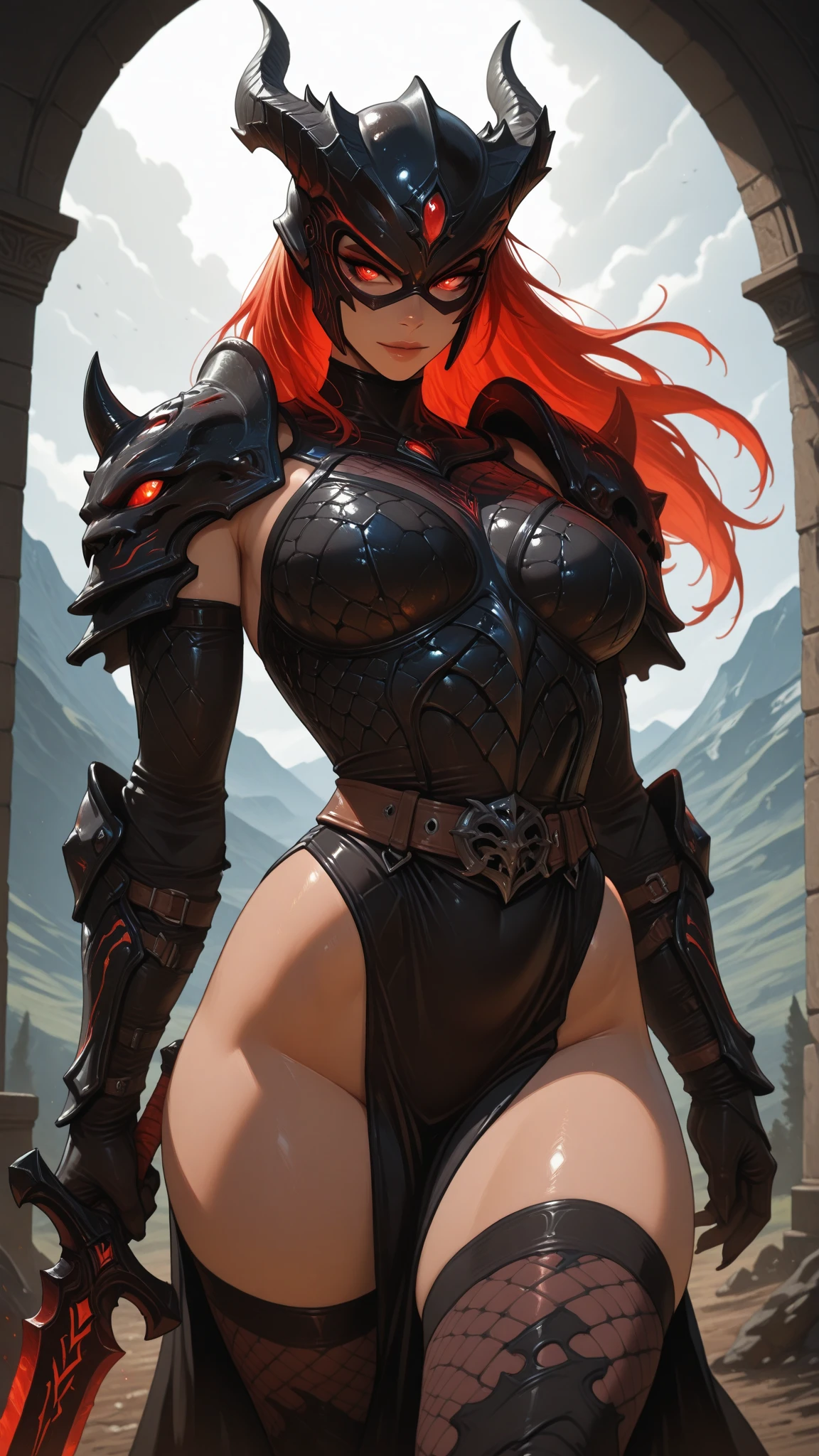 1girl, long bright red hair, long ear, black horn on head, large breast, black and red suit, pair of large black wing on the back, got tail, pale skin, smiling, fullbody shot, standing, foggy mountain, 