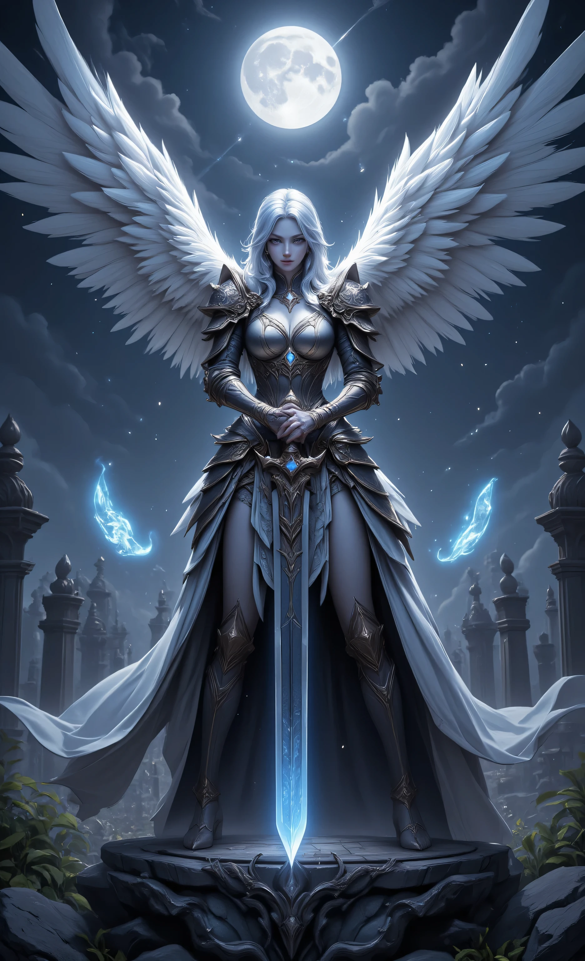 zavy-ctcmcs,w1n,hyp3rd3tail style,fantasy art of aasimar, female, paladin ready for battle under the full moon, holy warrior, spread large feathered wings,  majestic wings, white angelic wings spread , moon light, moon, stars, clouds, holy symbol, armed with a divine sword, wearing holy armor, dynamic hair color, dynamic hair style, dynamic skin complexion, determined face, dark fantasy cemetery background,  god rays, cinematic lighting, glowing light, silhouette, from outside, photorealism, panoramic view (Masterpiece 1.3, intense details) , Wide-Angle, Ultra-Wide Angle, 16k, highres, best quality, high details, 16K, ultra detailed, masterpiece, best quality, (extremely detailed), arafed, dnd art, portrait, full body,

INFO
