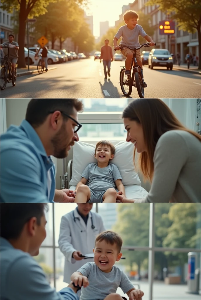 Split the image into two halves. On the left side, show a doctor on duty at a hospital, visibly exhausted, with dark circles and a sad expression, due to hours of duty, surrounded by medical equipment and a patient in a hospital bed. in the right side, show a happy family in front of a modern house with a luxury car. The father is dressed in a suit, smiling next to his wife and two children. the doctor and the father must be the same person, emphasize that the doctor is sad and tired, while the father is happy
