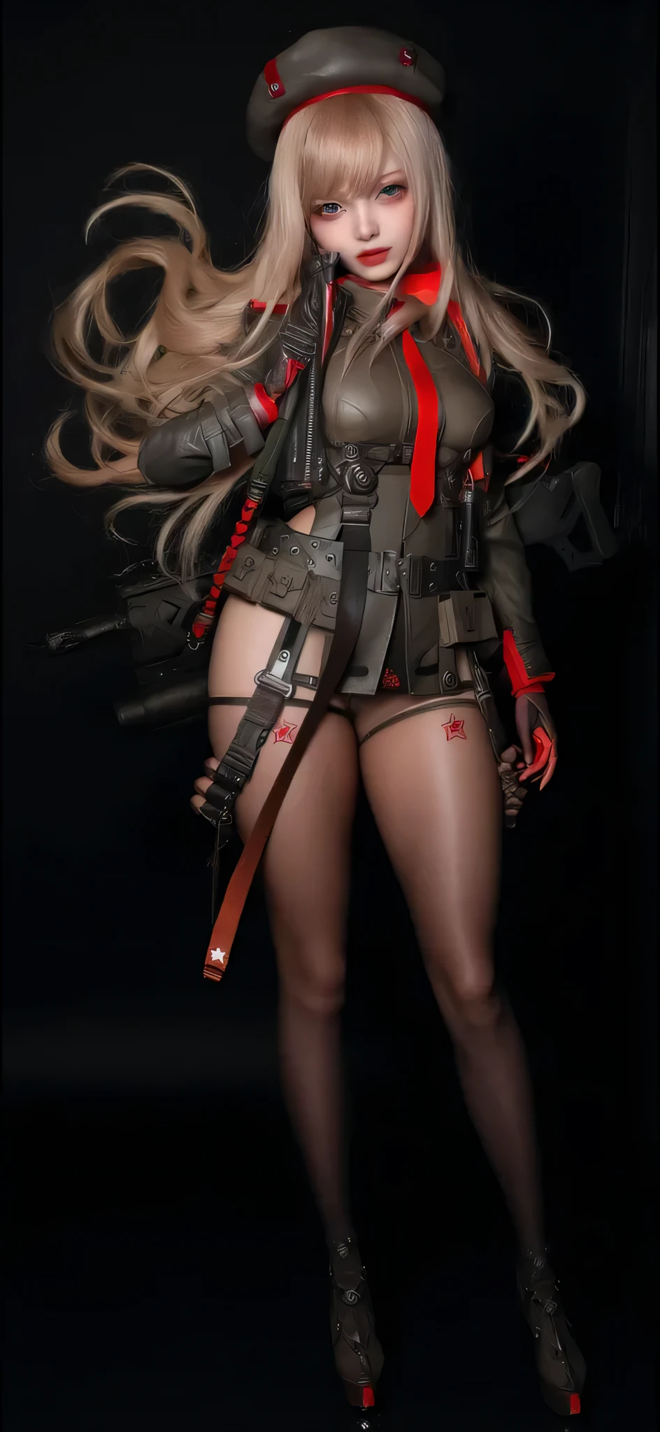 Beautiful and bold, seductive and attractive, red eyes, red lipstick, pale skin, pointed chest, long blonde hair, (open shirt, black bodysuit, cleavage, thong, black boots, short gloves, beret, assault rifle, Thick legs, cameltoe) ). (destroyed buildings, rubble roads, smoke, abandoned cars, abandoned objects, desolate world, abandoned roads, apocalyptic landscapes, cinematic effects), ( top quality, masterpiece , Depth of Field, Full HD, 4K, Rich Video ) Details), Portrait Style --auto --s2