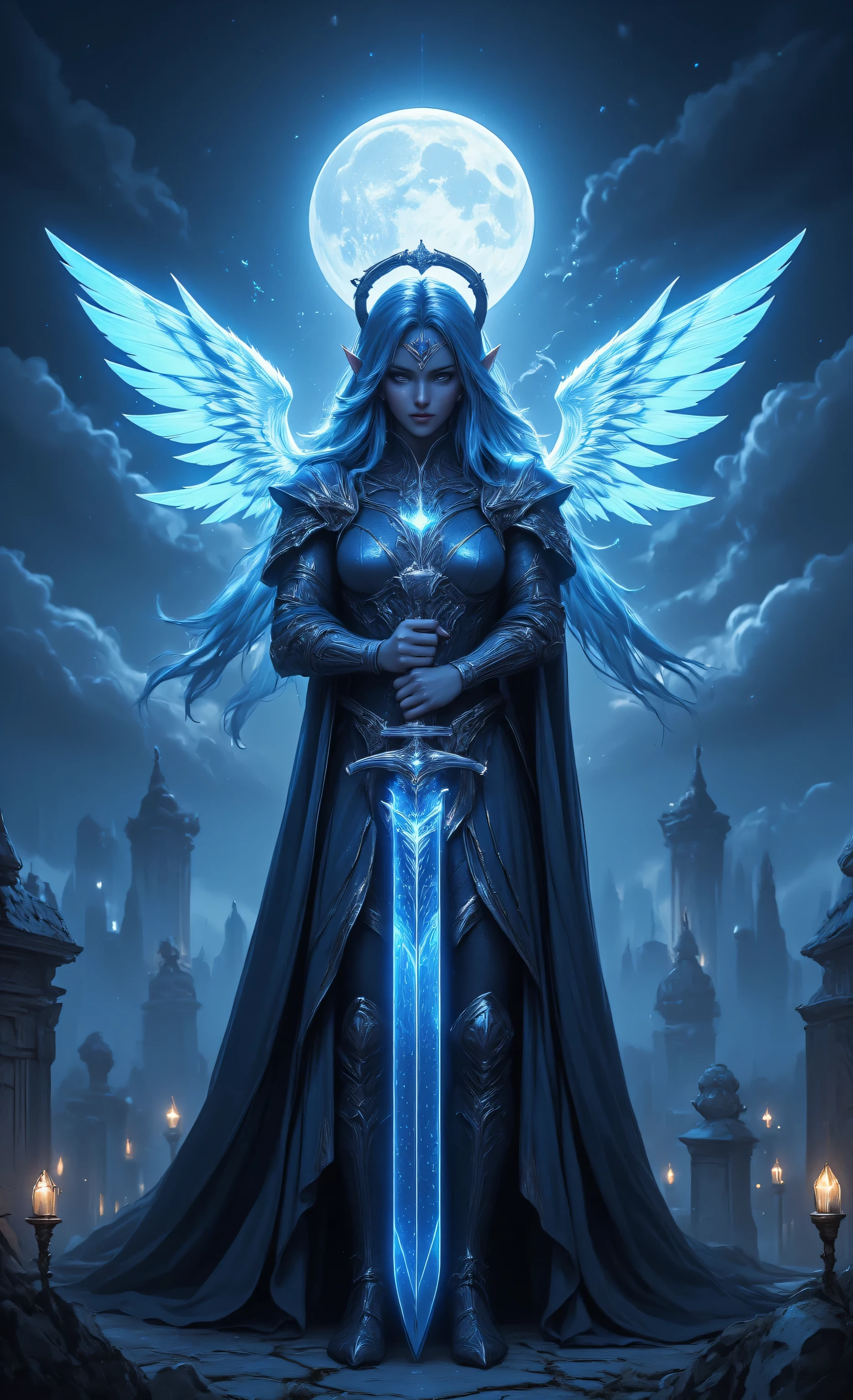 midjourney ,zavy-ctcmcs,w1n,hyp3rd3tail style,fantasy art of aasimar, female, paladin ready for battle under the full moon, holy warrior, spread large feathered wings, majestic wings, white angelic wings spread , moon light, moon, stars, clouds, holy symbol, armed with a divine sword, wearing holy armor, dynamic hair color, dynamic hair style, dynamic skin complexion, determined face, dark fantasy cemetery background, god rays, cinematic lighting, glowing light, silhouette, from outside, photorealism, panoramic view (Masterpiece 1.3, intense details) , Wide-Angle, Ultra-Wide Angle, 16k, highres, best quality, high details, 16K, ultra detailed, masterpiece, best quality, (extremely detailed), arafed, dnd art, portrait, full body,
INFO