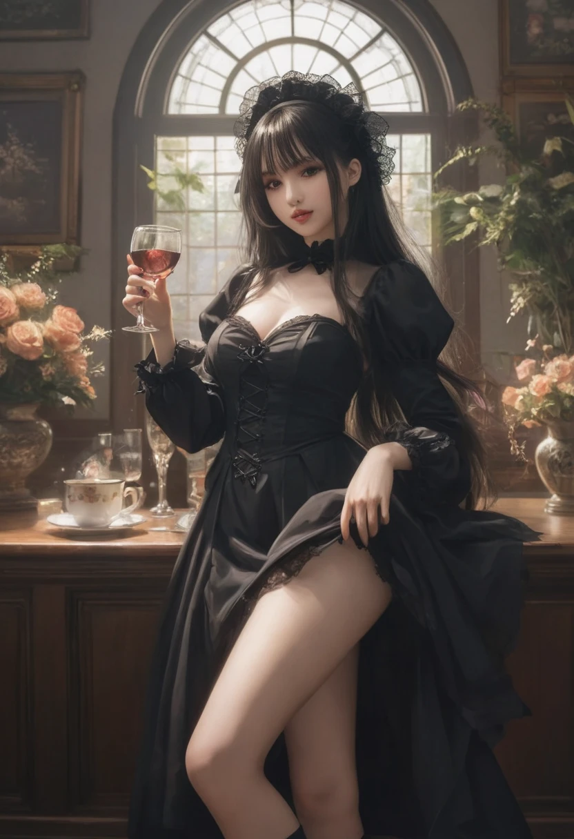 A young woman is holding a glass of wine, sitting among the scarlet roses. The woman is wearing an open black lace dress, black stockings. inviting look into the camera, dark background, dramatic atmosphere, real photo, deep shadows, (Masterpiece:1.3), (best quality:1.3).