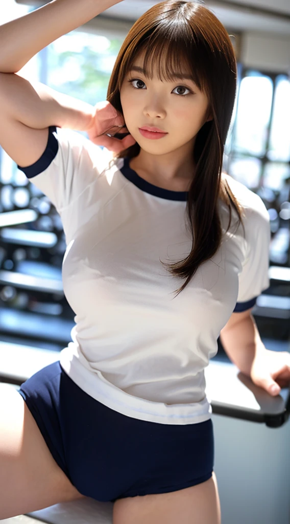 Head to knee portrait、alone、high school girl、White skin、Natural Makeup、Black Hair、bangs、Straight Long Hair、((School-designated gym clothes))、((White short-sleeved gym clothes on the upper body))、((Long white gym clothes))、(((Very tight bloomers)))、(((Low-rise bloomers)))、((Navy Bloomers))、(((Tuck the bottom of your gym clothes into your bloomers)))、Big Breasts、No bra、Big Ass、((The upper body is wearing gym clothes))、Looking into the camera、(((Schoolyard)))、((Realistic fingers))