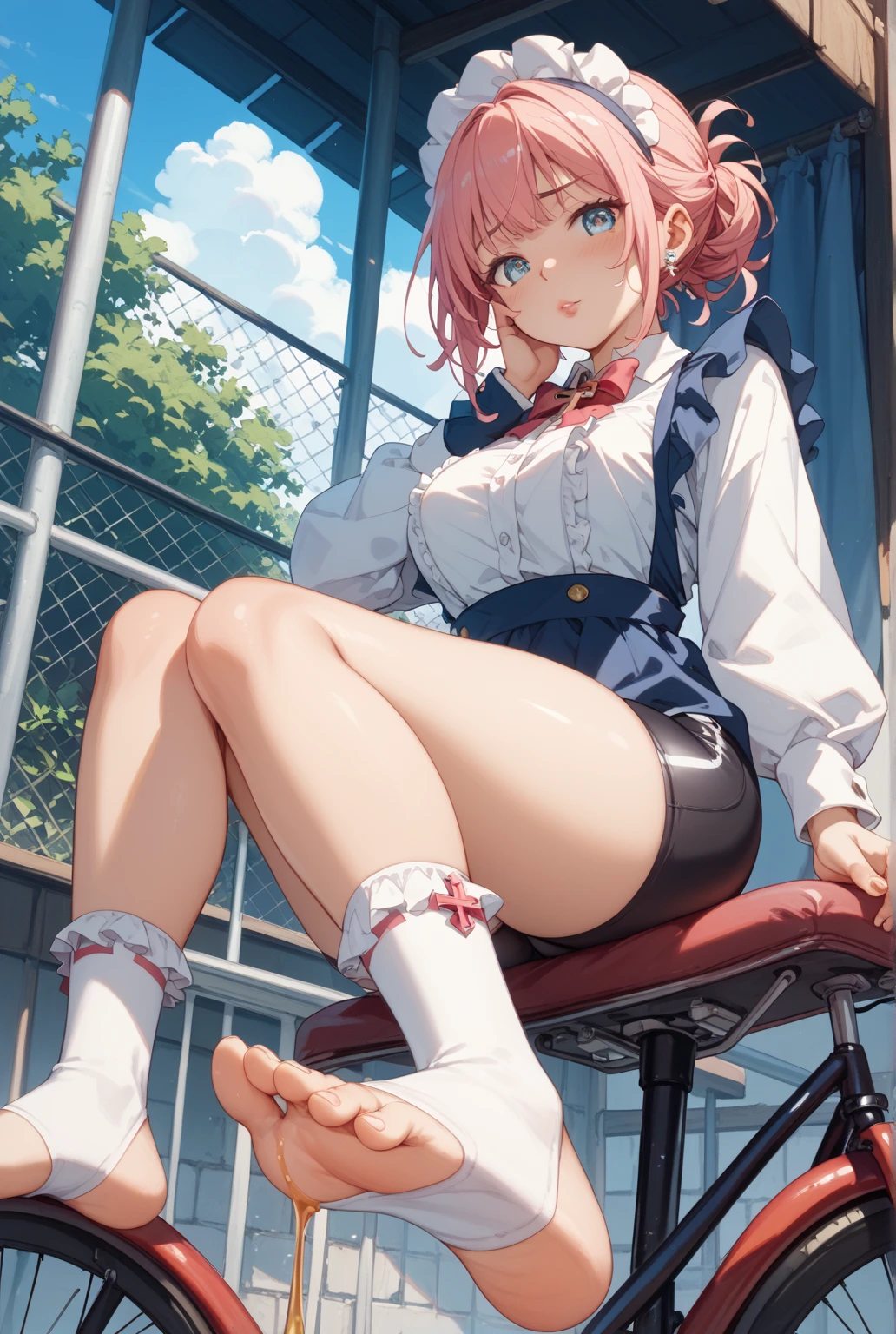 (A beautiful young Japanese woman), nsfw, Detailed Background, (((独奏))), ((Excellent anatomy: 1.2)), (Pink Hair, ponytail), Big Tits, (dark skin:1.5), (green eyes), (Beautiful Eyes), (((Short sleeve white shirt, Beige cardigan, Blue short tie, Grey pleated mini skirt, String Panties, loose socks, loafers))), (Random color panties:1.5), (Angry:1.3), Earrings, Sitting on a bench in front of the station, Beautiful thighs, spread legs, (Heart hands), panty shot,