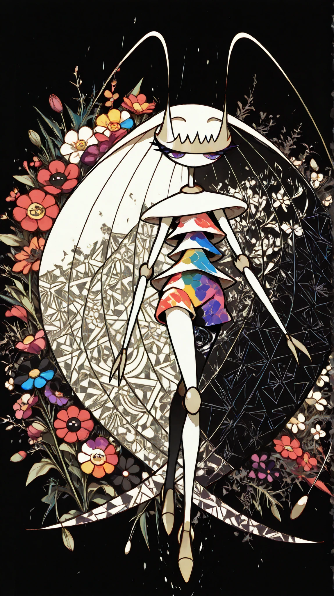 (in style of Takashi Murakami:1.0), beatiful face, feet,best quality,tonemapping, sharp focus, hyper detailed,(pheromosa),best quality,beautiful,pokemon,(2 fingers),(Clear eyes),solo,detaileds,8K,(slender:1.3),wallpaper,jumping kick,(Colorful flowers on black background:1.4), (pheromosa:1.0), intricate digital painting, highly intricate and colorful, dark but detailed digital art, Highly detailed symmetry, detailed digital artwork, Symmetrical intricate details, plethora of colors,colorful intricate masterpiece,(kaleidoscopic:1.1),(Geometric pattern background)、Sticker style,(flower painted body:1.5), (cel anime:1.3)