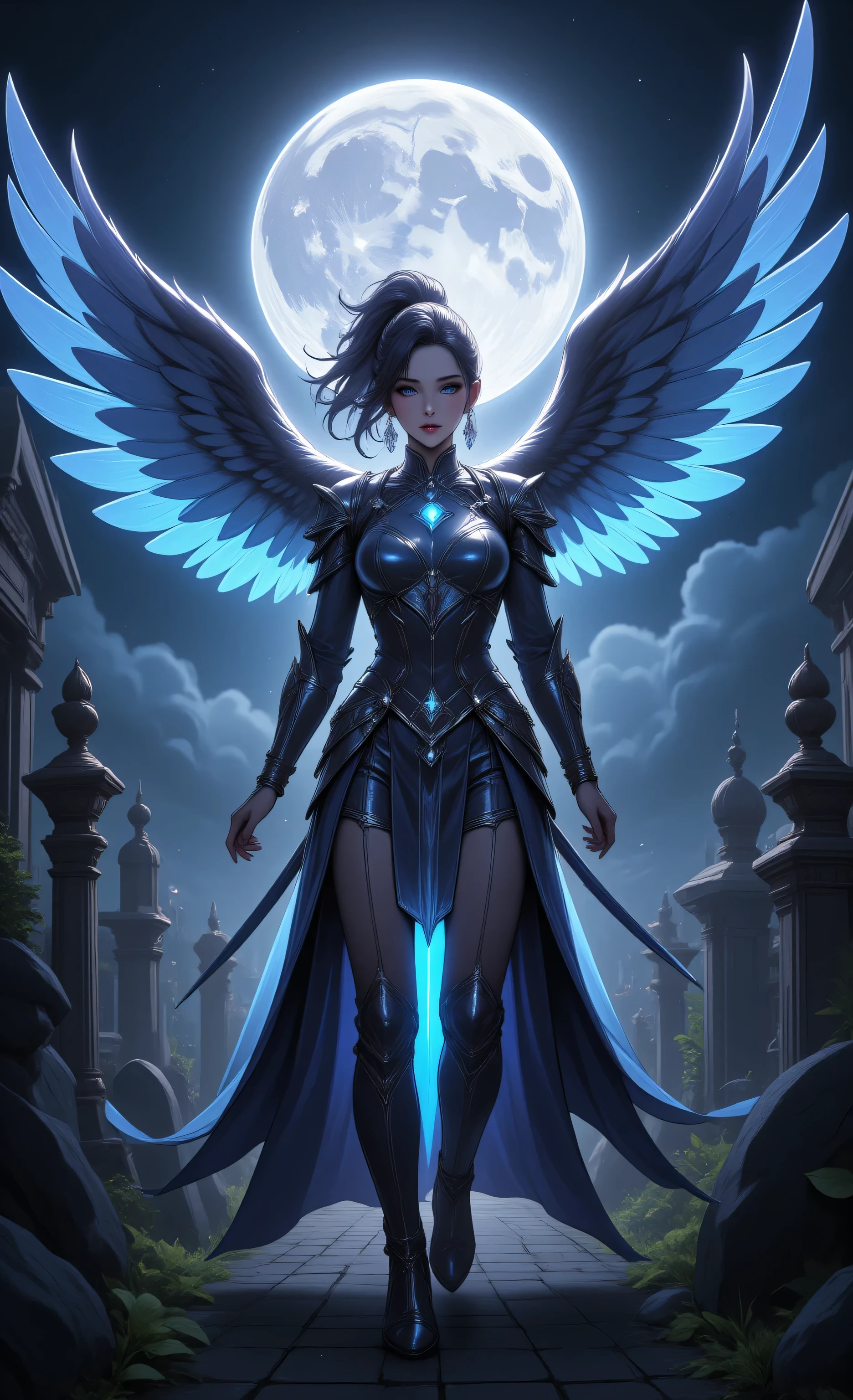 zavy-ctcmcs,hyp3rd3tail style,,fantasy art of aasimar, female, paladin ready for battle under the full moon, holy warrior, spread large feathered wings,  majestic wings, white angelic wings spread , moon light, moon, stars, clouds, holy symbol, armed with a divine sword, wearing holy armor, dynamic hair color, dynamic hair style, dynamic skin complexion, determined face, dark fantasy cemetery background,  god rays, cinematic lighting, glowing light, silhouette, from outside, photorealism, panoramic view (Masterpiece 1.3, intense details) , Wide-Angle, Ultra-Wide Angle, 16k, highres, best quality, high details, 16K, ultra detailed, masterpiece, best quality, (extremely detailed), arafed, dnd art, portrait, full body,

INFO
