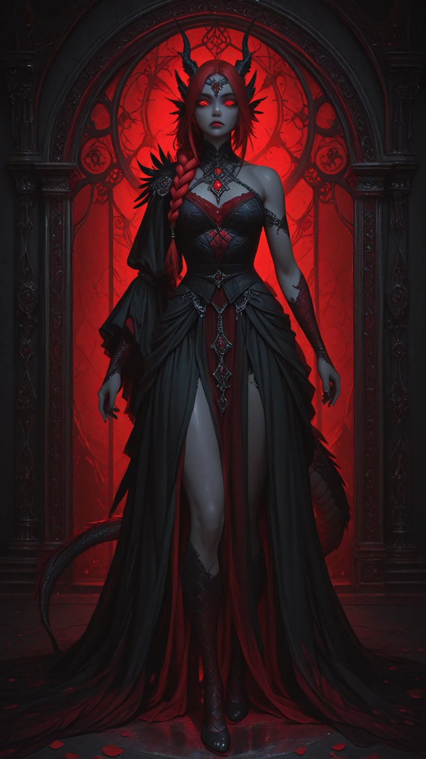 masterpiece, best quality, 1lady, Pretty, Black hair, {Red glowing eyes}, Black dragon scales, black dragon tail, Dark Forest, firelight, Arkenberg diamonds, scorn, Richly decorated clothes, Pick and dye your hair, Gold cumbersome decoration, chain