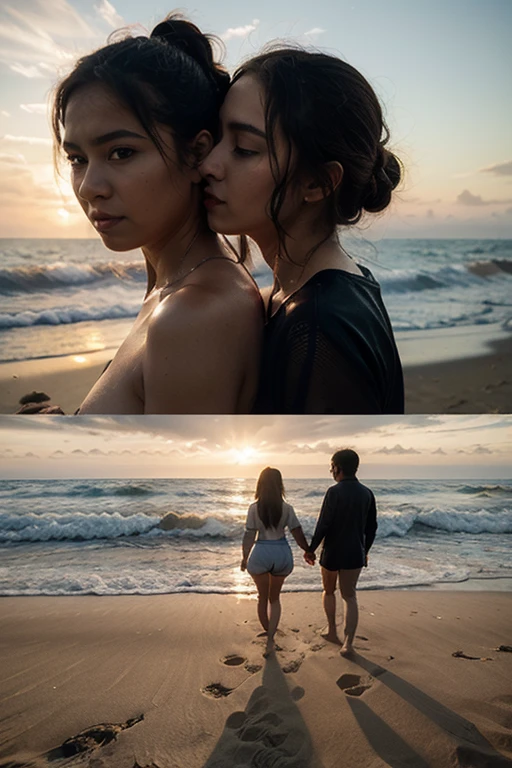 They stood hand in hand on the beach，Look at each other, looking at each other mindlessly, Still from the movie, movie still 8 k, With sunset, cinematic Film still from, Attractive girl, highlight scene of the movie, shot at golden hour, soft light from the side, calmly conversing 8k, watching the sunset, looking to his side