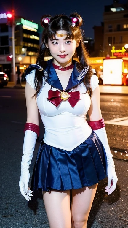One girl,Long Hair,(Put your arms behind your back)Large Breasts、Narrow waist、Wide Hips (high quality,8k,Black Hair, Realistic, 最high quality,masterpiece,Super detailed, Absurd)1.5,((SAMA1, tiara, Sailor Warrior Uniform, White gloves, Red sailor collar, Red Skirt)),Night City,White gloves,Purple ribbon,Purple eyes, (Magical World,fire),High heels,slave、Chain、Hands tied behind back、Taped to the mouth