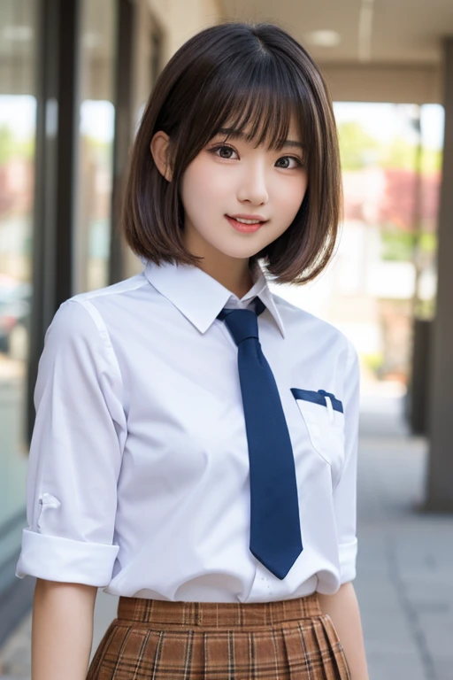 ((masutepiece)), ((Best Quality)), (Ultra-detailed), ((Extremely detailed)), 4K, (8K), Best Quality, (Beautiful), Gradation, (masutepiece, Best Quality:1.2), 8K, 18year old, 85 mm, Official art, Raw photo, absurderes, White dress shirts, Pretty Face, close up, Upper body, violaceaess, gardeniass, Beautiful Girl, School uniform, (Navy pleated skirt:1.1), Cinch West, thighs thighs thighs thighs, Short sleeve, short-hair、atlibrary, Looking at Viewer, No makeup, (Smile), Film grain, chromatic abberation, Sharp Focus, face lights, clear lighting, Teen, Detailed face, Bokeh background, (dark red necktie:1.1)、??????????????⁩