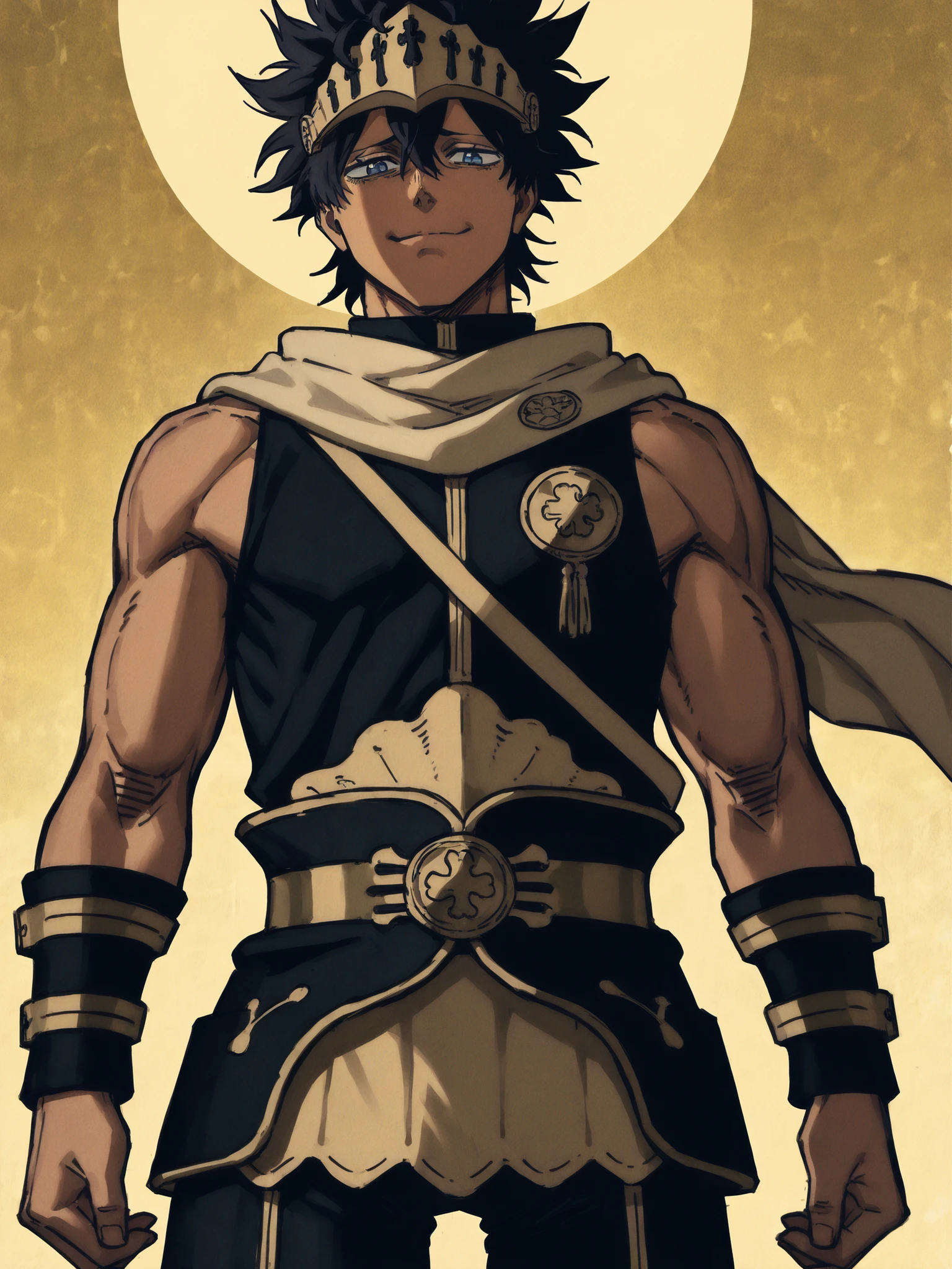 ((in the artstyle of Black Clover)), ((black and gold armor)), ((blue eyes)), ((black and gold fantasy clothing)), ((flowing scarf)), ((sleeveless shirt)), ((dark-skinned male)), ((black hair)), ((anime hairstyle)), ((muscular arms)), ((knight visor)), ((cheerful expression)), ((mature male)), ((daytime background)), 1boy, beautifully drawn, high resolution illustration, best quality, High definition, ((detailed anime sketch)), Masterpiece, (solo), absurdres, ((cowboy shot)), ((short hair)), detailed background, fine detail, male focus, HDR,