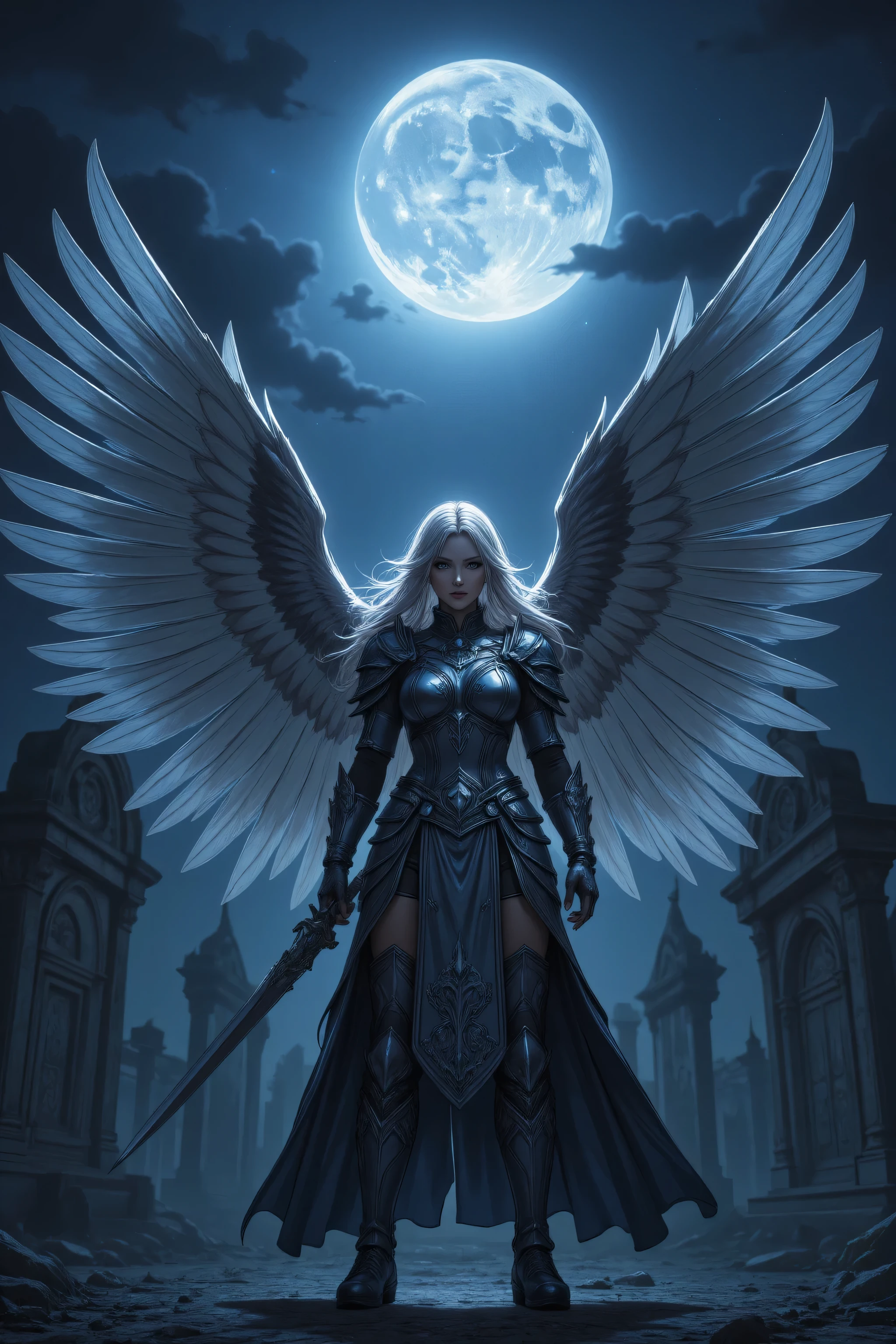 zavy-ctcmcs,hyp3rd3tail style,,fantasy art of aasimar, female, paladin ready for battle under the full moon, holy warrior, spread large feathered wings, majestic wings, white angelic wings spread , moon light, moon, stars, clouds, holy symbol, armed with a divine sword, wearing holy armor, dynamic hair color, dynamic hair style, dynamic skin complexion, determined face, dark fantasy cemetery background, god rays, cinematic lighting, glowing light, silhouette, from outside, photorealism, panoramic view (Masterpiece 1.3, intense details) , Wide-Angle, Ultra-Wide Angle, 16k, highres, best quality, high details, 16K, ultra detailed, masterpiece, best quality, (extremely detailed), arafed, dnd art, portrait, full body,
INFO